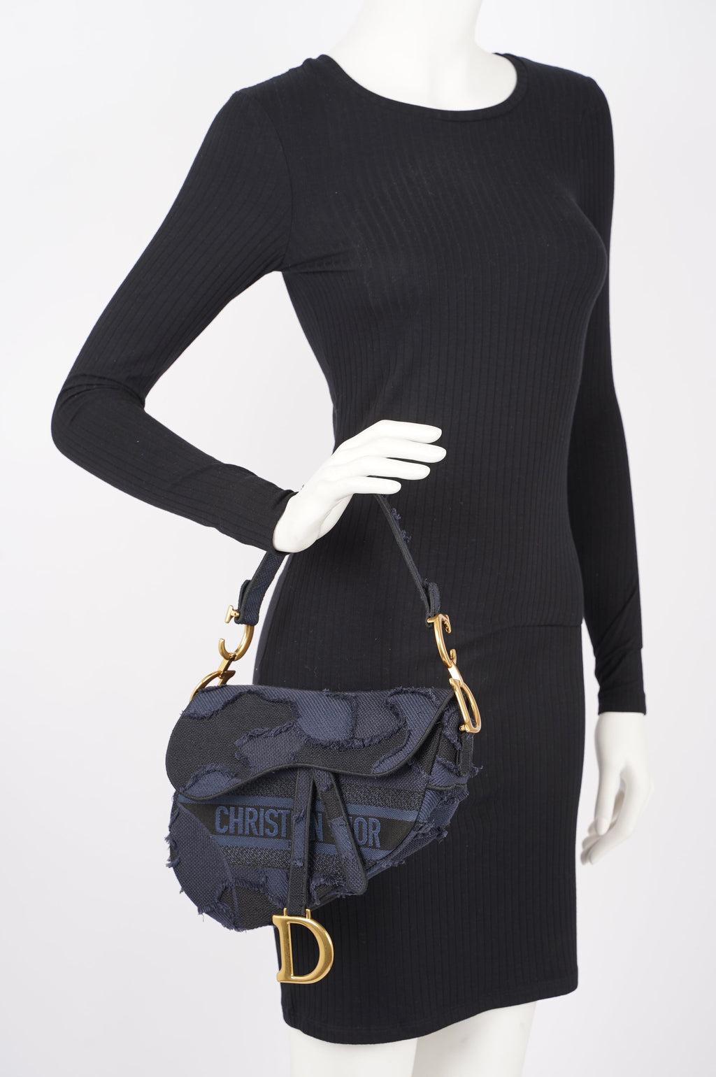 Christian Dior Womens Saddle Camouflage Bag Navy Canvas Medium