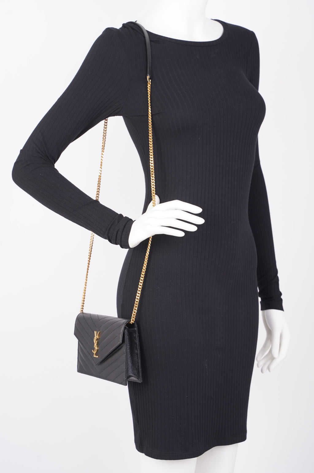 Saint Laurent Womens Cassandre Wallet on Chain Black Leather