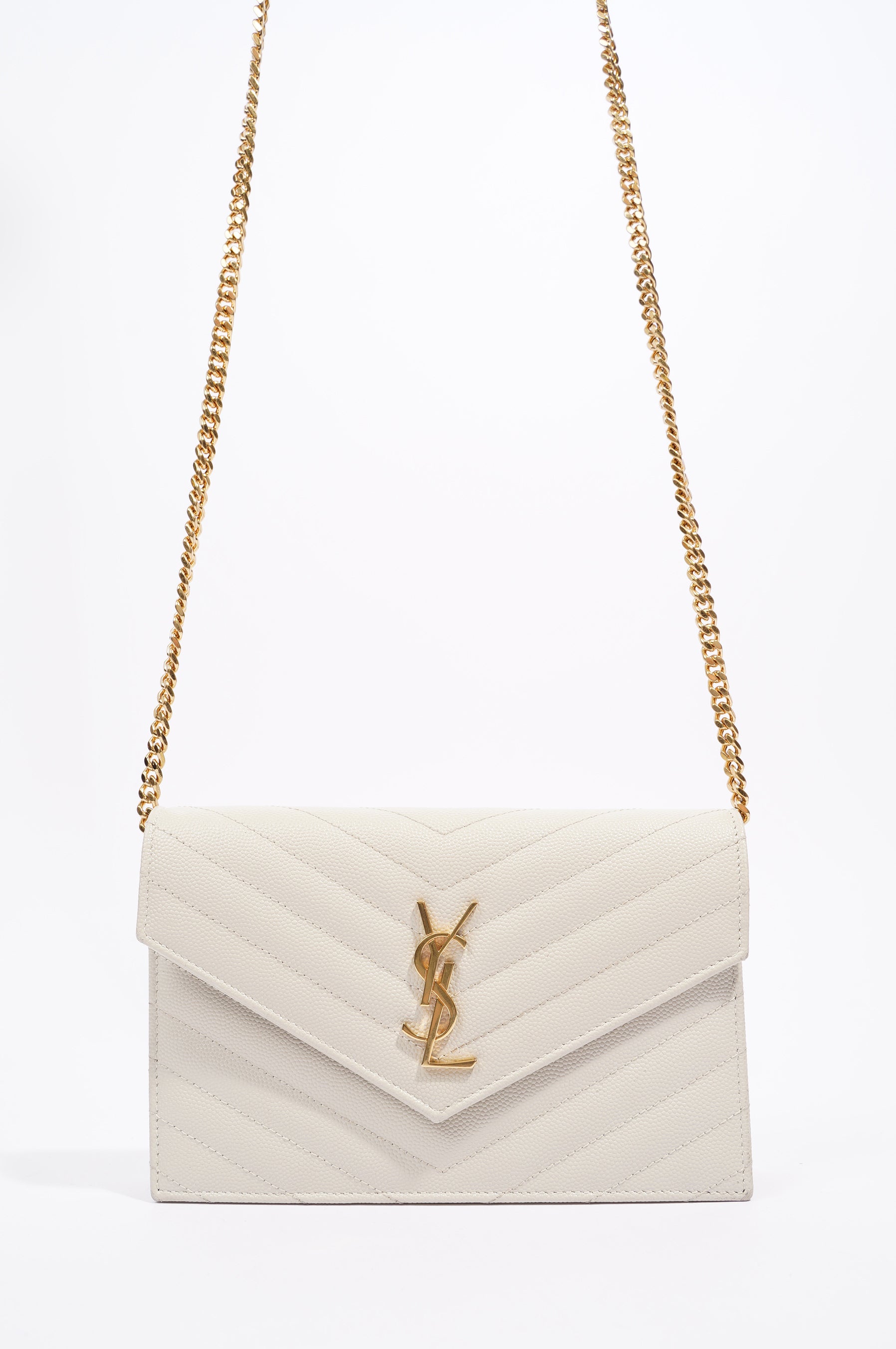 Saint Laurent Womens Chain Wallet White / Gold