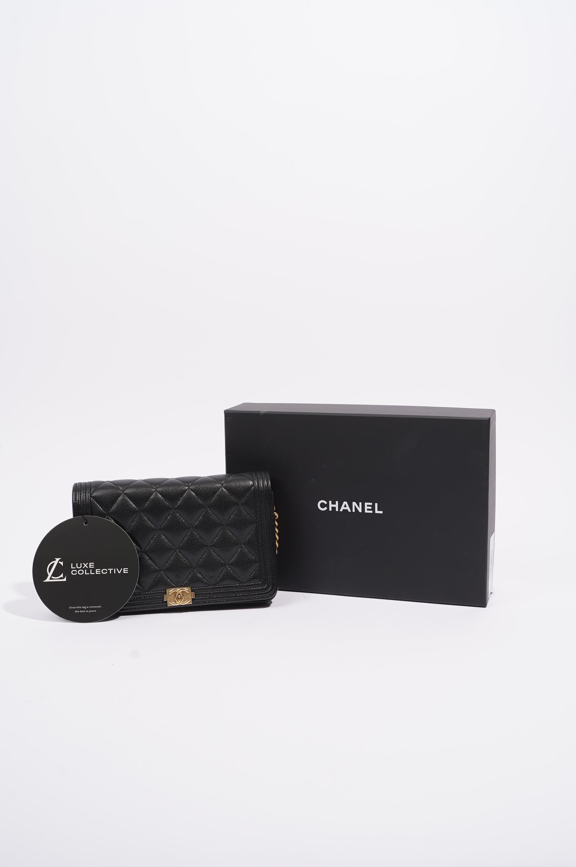 Chanel Womens Boy Wallet On Chain Black Caviar / Gold