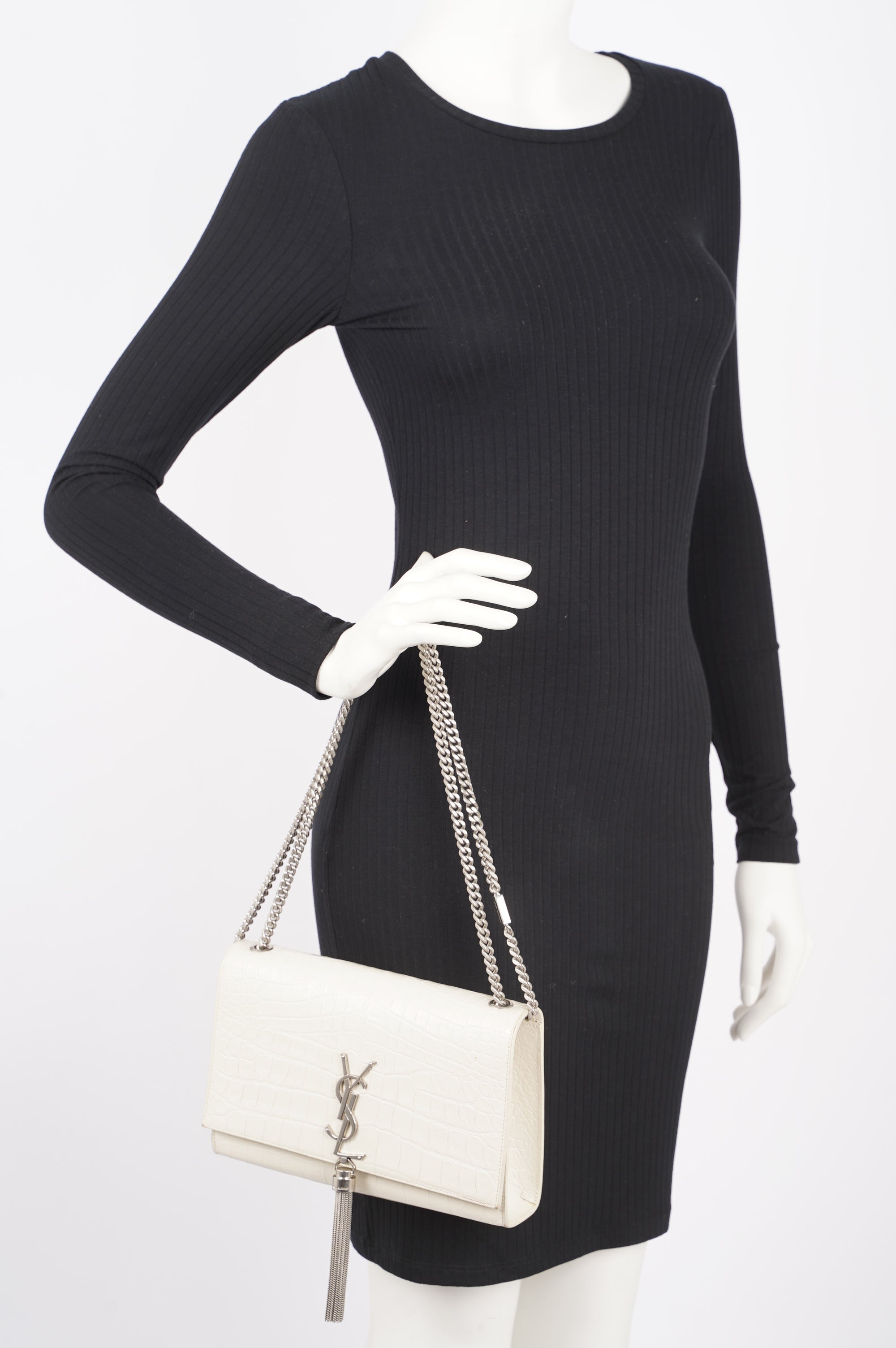 Saint Laurent Womens Kate Tassel Bag White Croc Medium