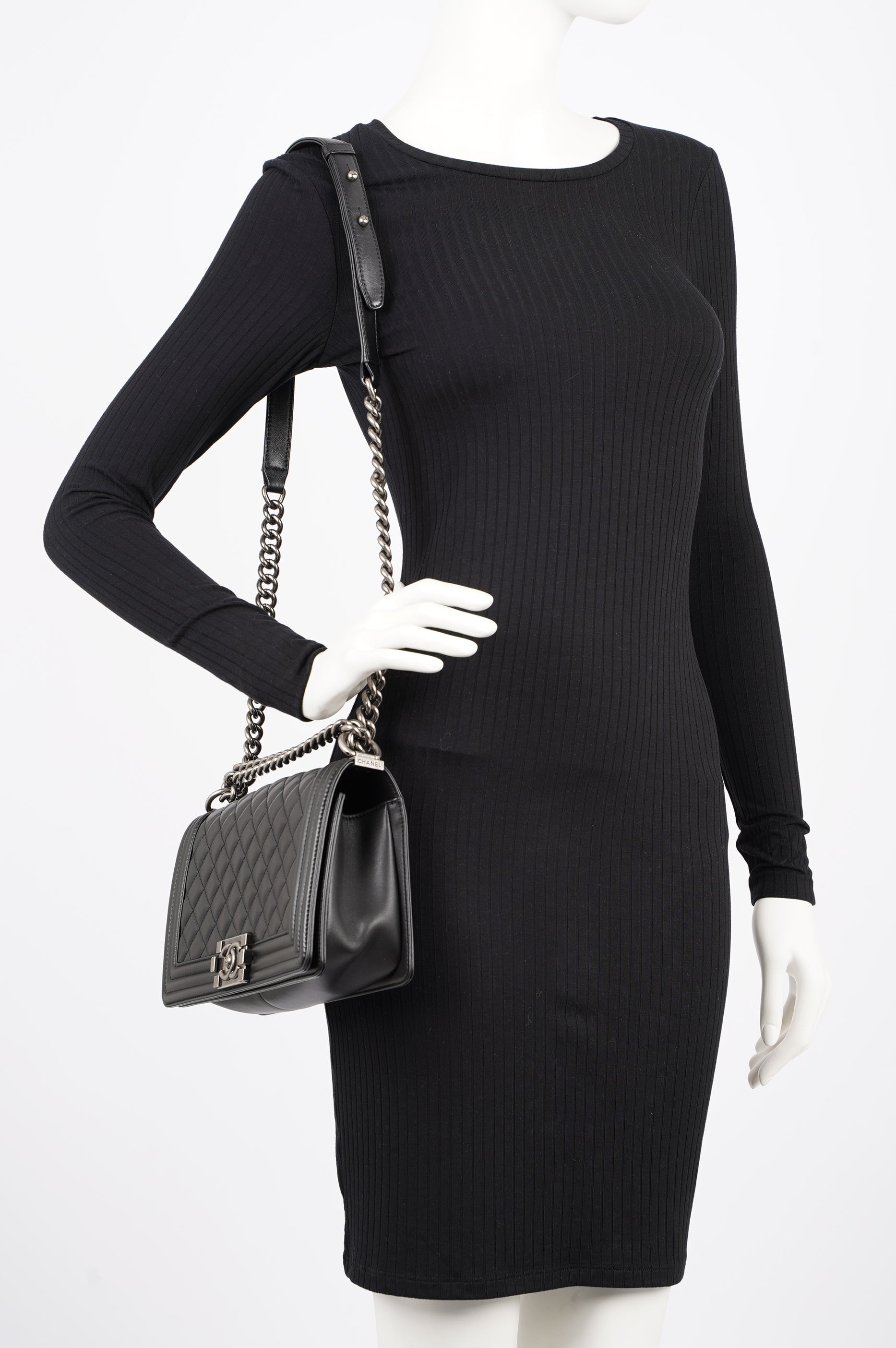 Chanel Womens Lambskin Boy Bag Black Medium