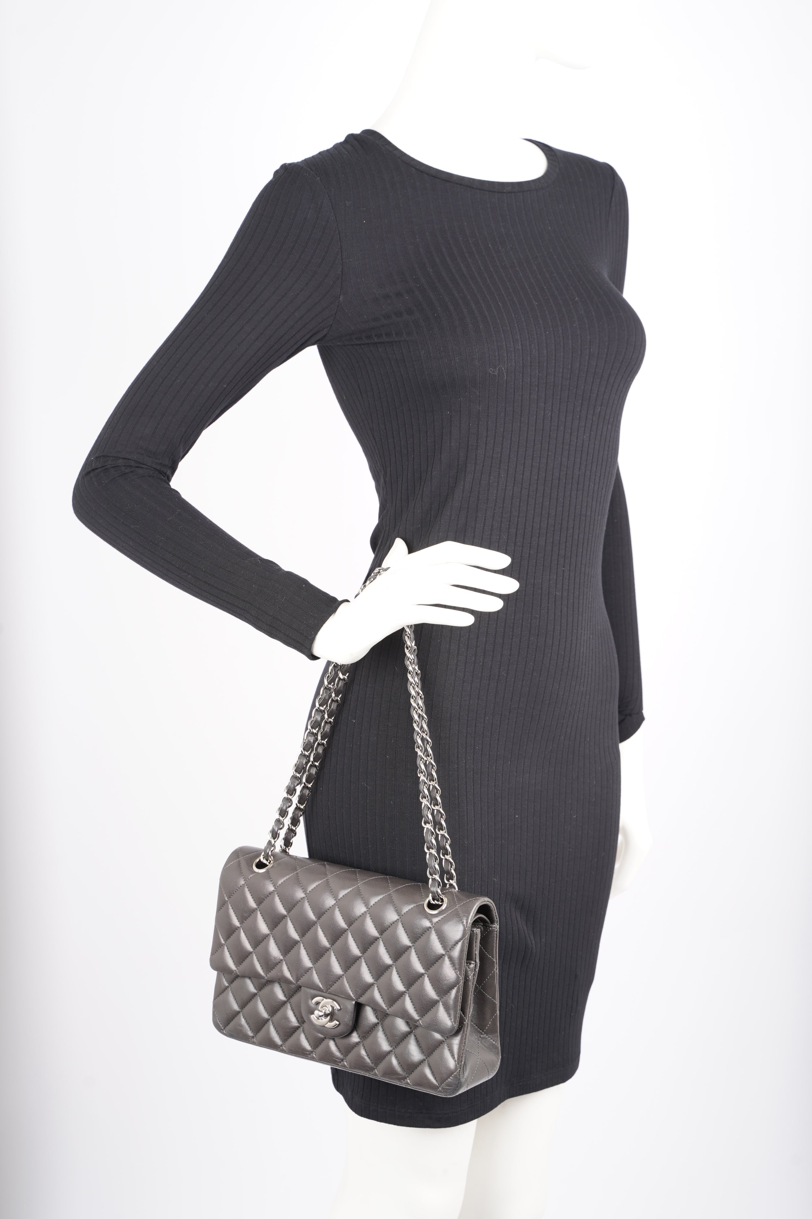 Chanel Womens Classic Flap Dark Grey Medium