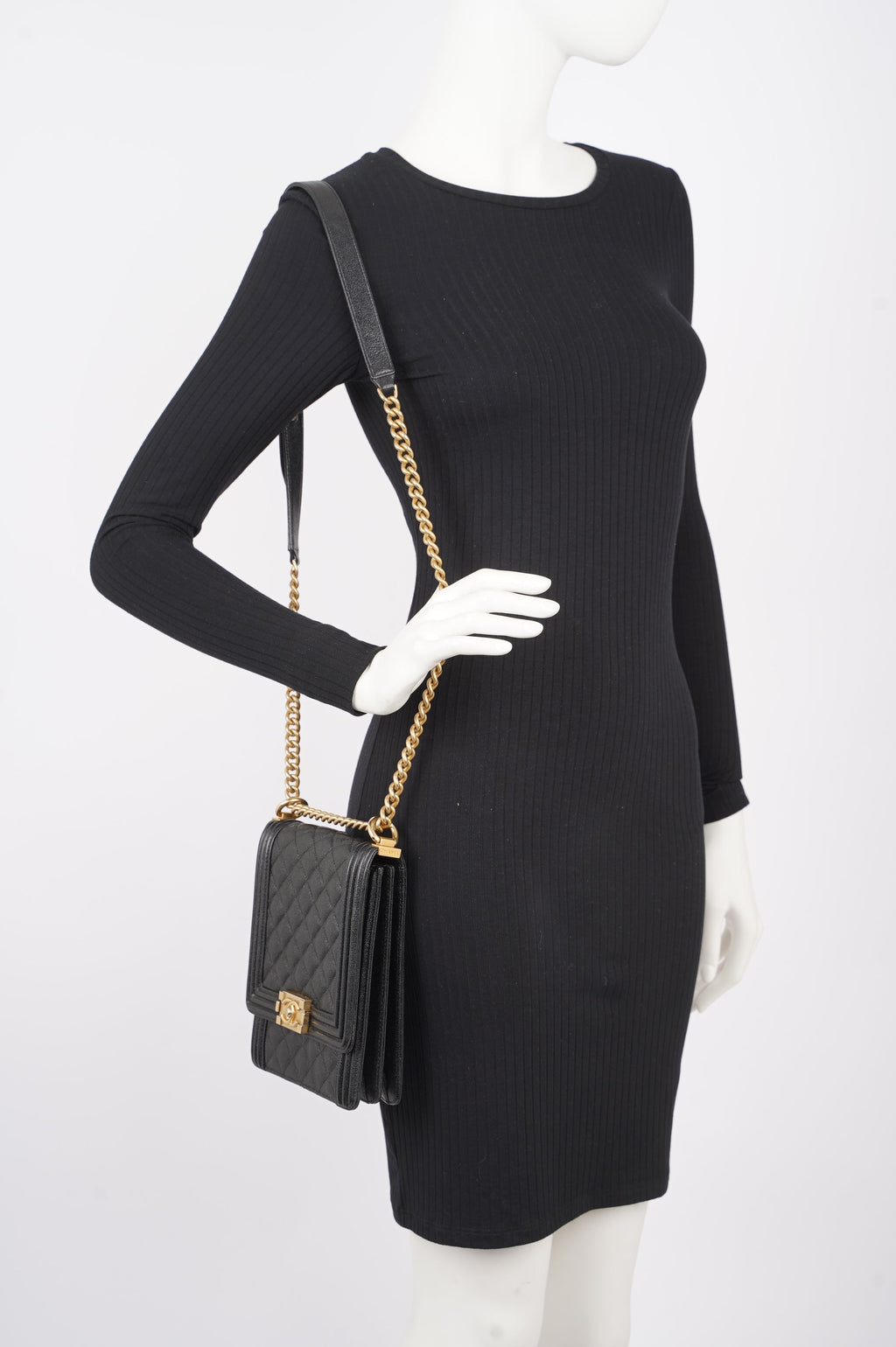 Chanel Womens North South Boy Bag Black Caviar Leather / Gold