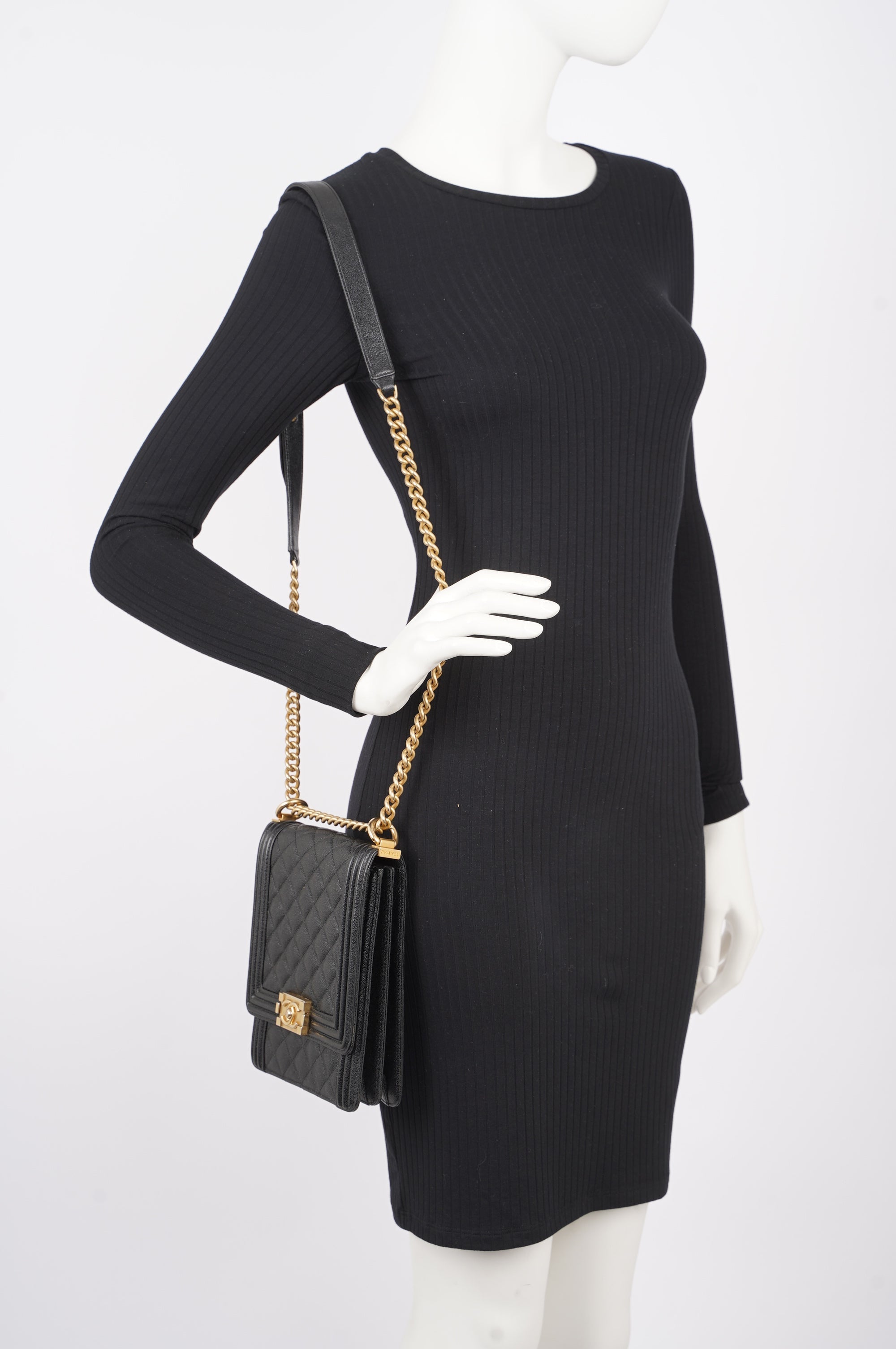 Chanel Womens North South Boy Bag Black Caviar Leather / Gold