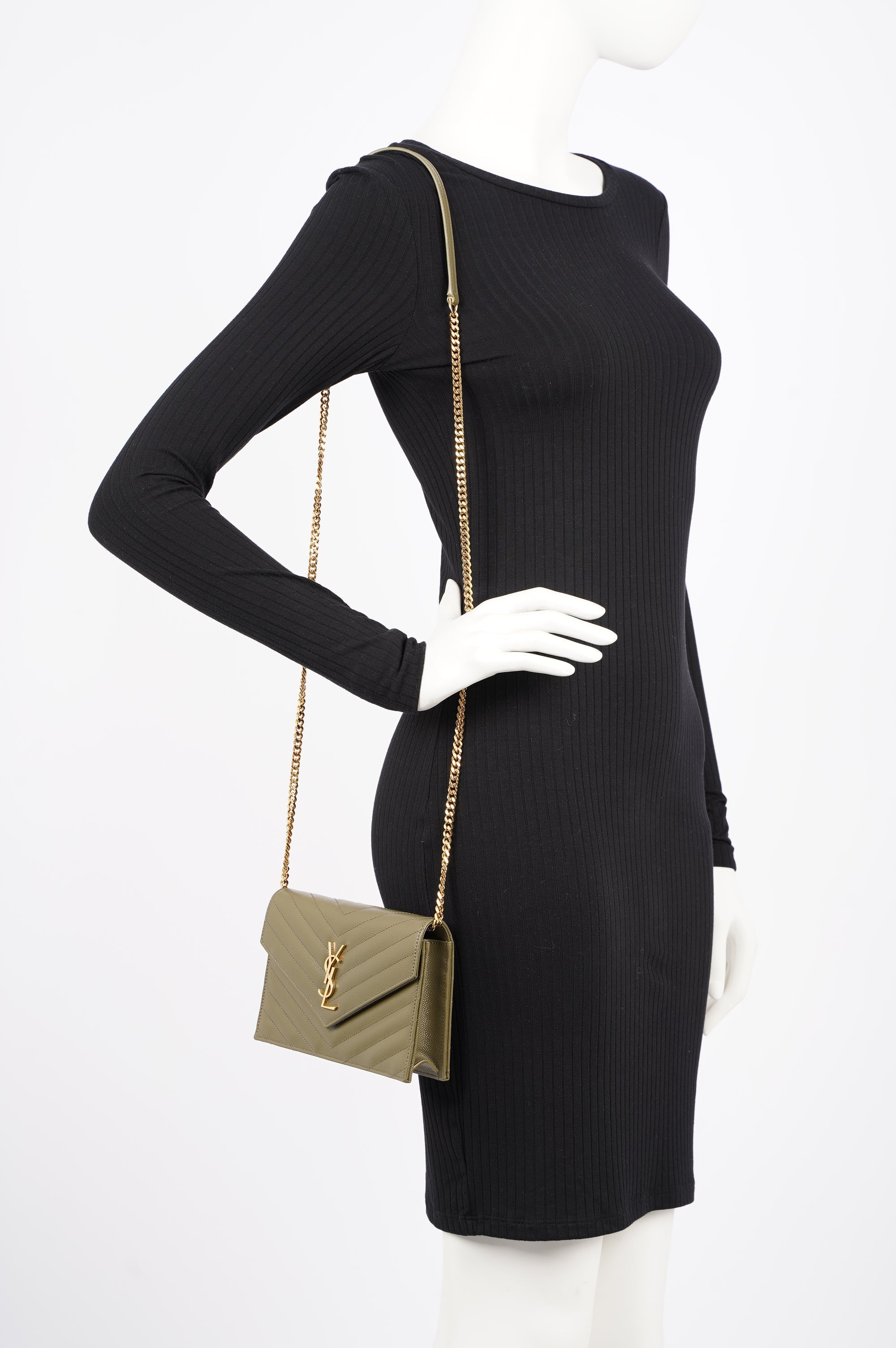 Saint Laurent Womens Cassandra Envelope Chain Wallet Khaki