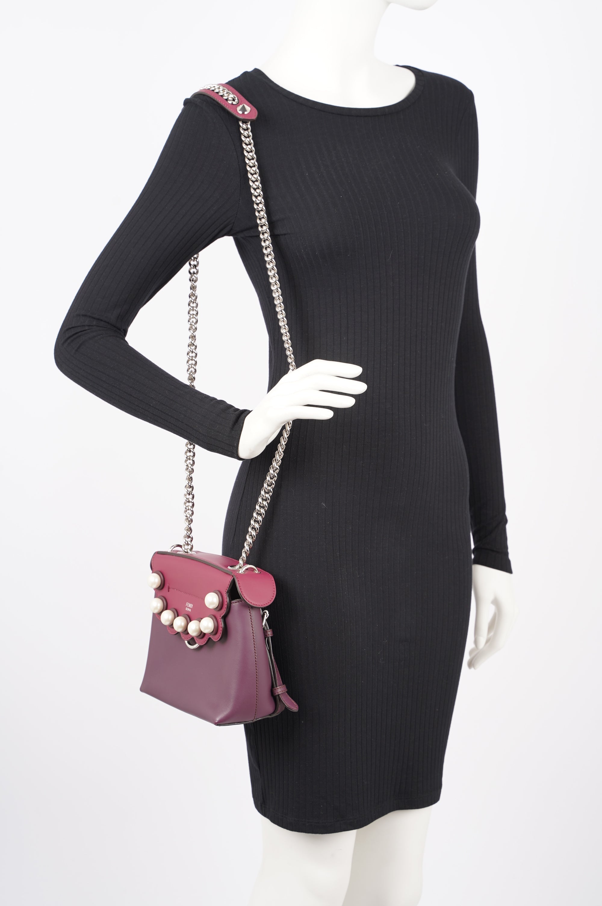 Fendi Womens Pearl Scalloped Mini Back To School Backpack Black / Cherry
