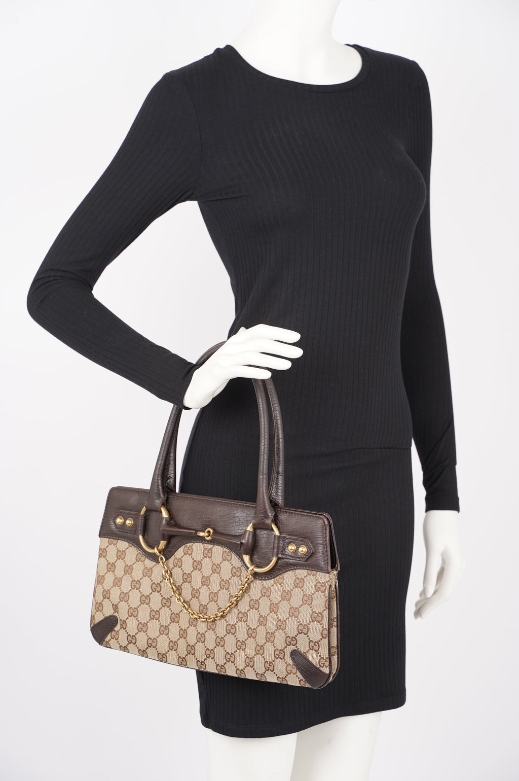 Gucci Womens Vintage Horsebit Handbag Brown Canvas