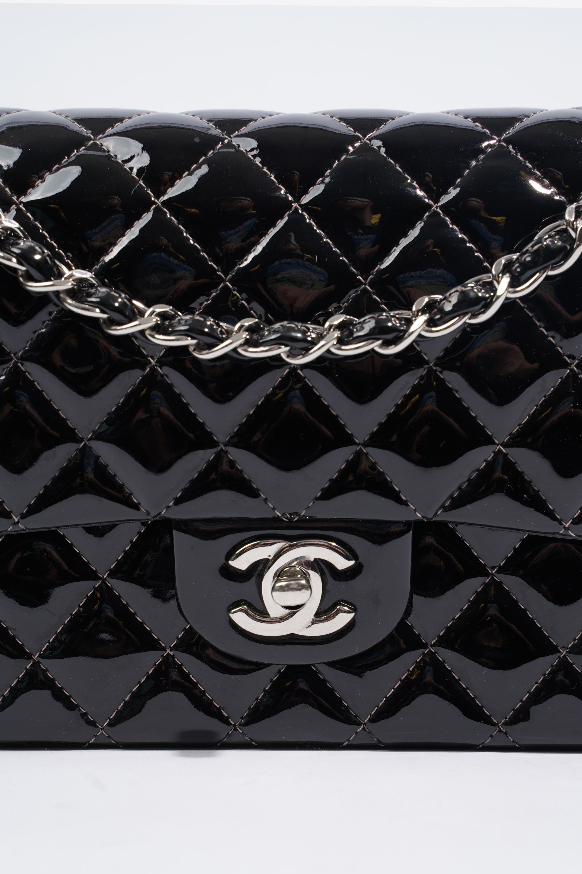 Chanel Double Flap Bag Black Patent Leather Medium