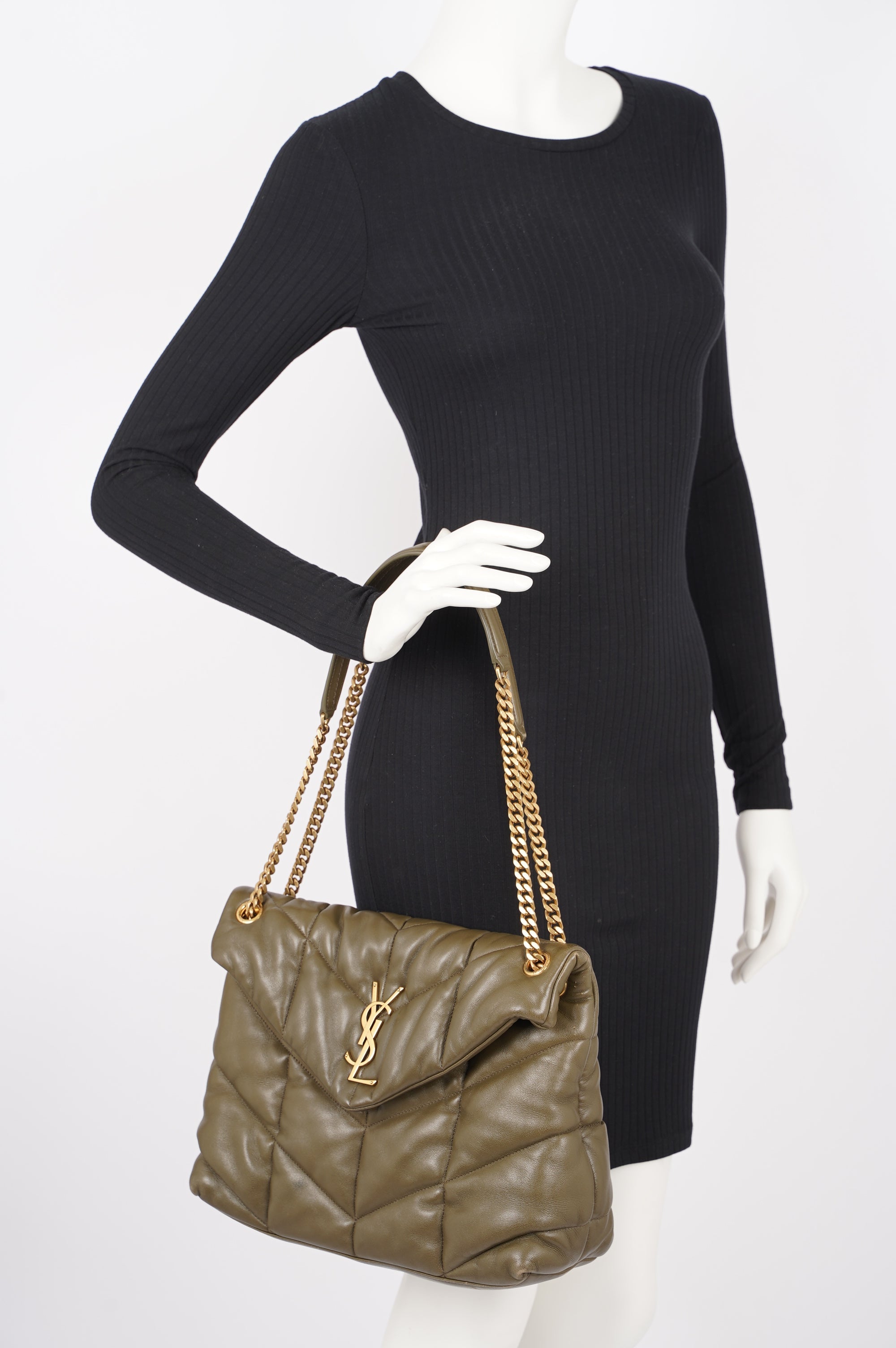 Saint Laurent Womens Lou Lou Puffer Bag Khaki Leather Medium