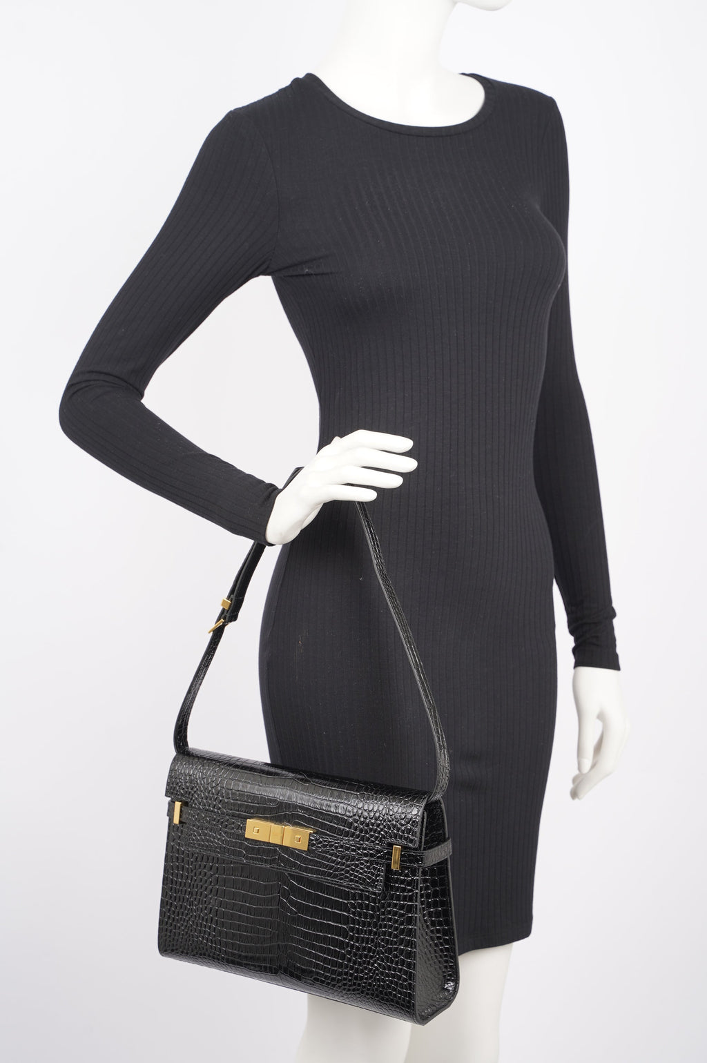 Saint Laurent Womens Manhattan Black Croc Medium