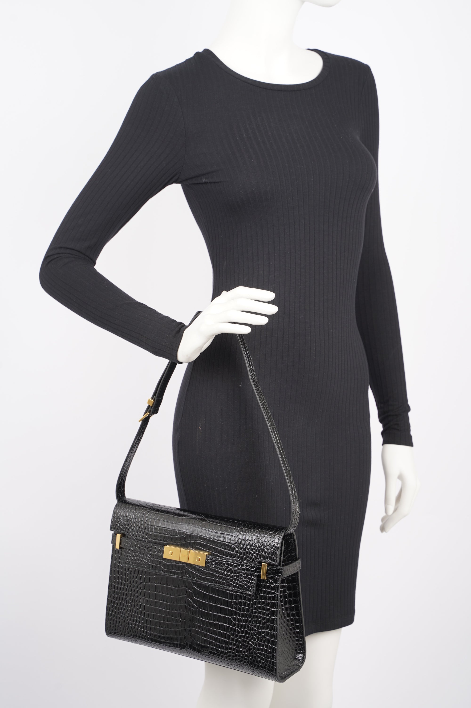 Saint Laurent Womens Manhattan Black Croc Medium