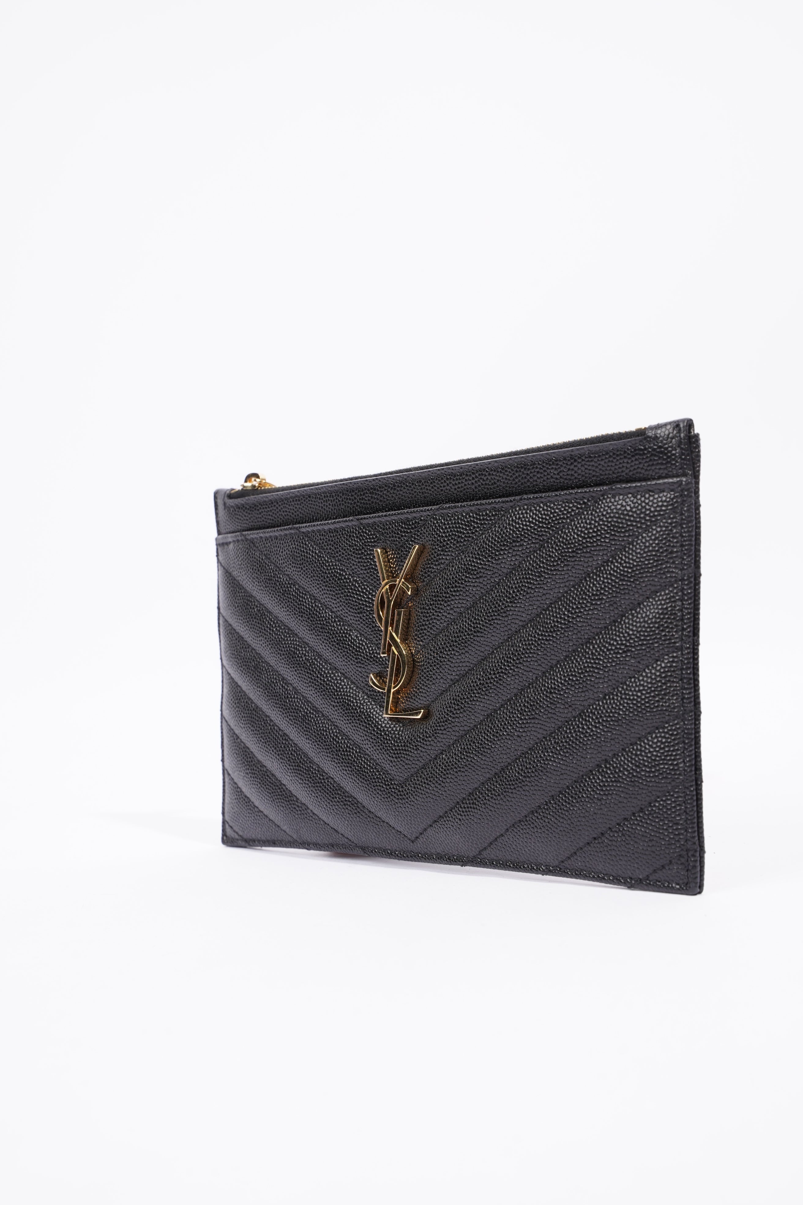 Saint Laurent Womens Cassandre Zipped Pouch Graine De Poudre Black Leather