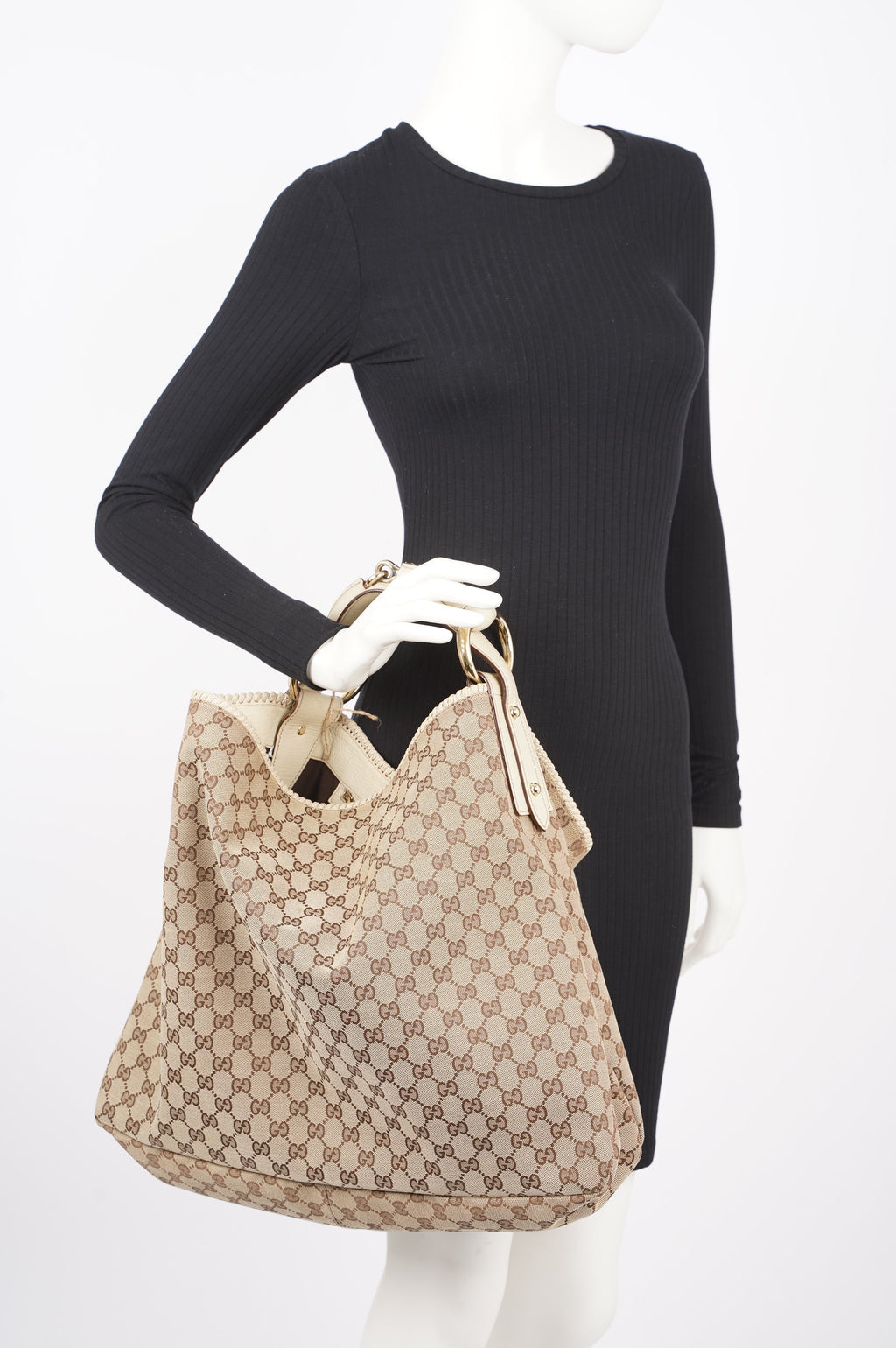Gucci Womens GG Horsebit Hobo Beige Large