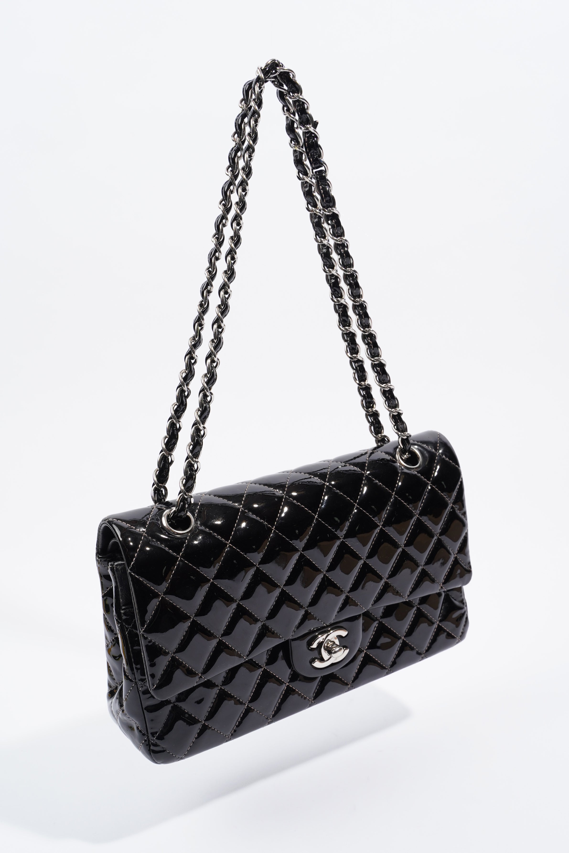 Chanel Double Flap Bag Black Patent Leather Medium