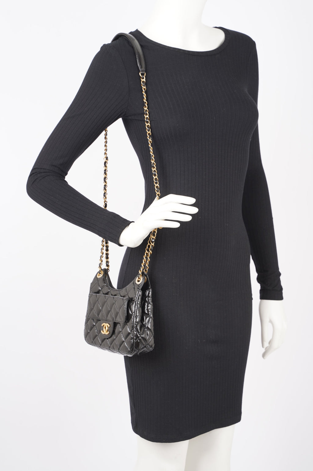 Chanel Womens Patent Leather Hobo Bag Black Small