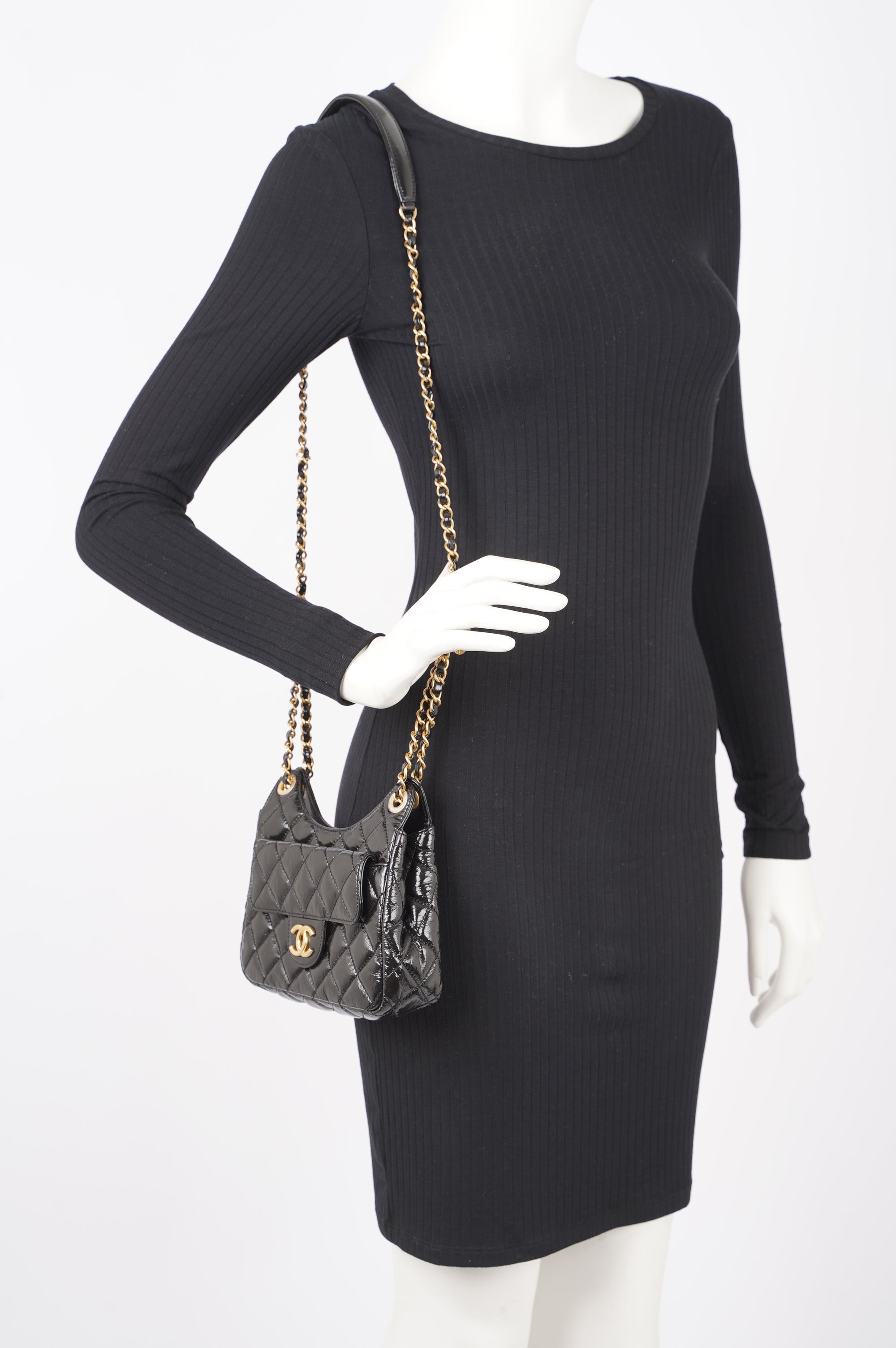 Chanel Womens Patent Leather Hobo Bag Black Small