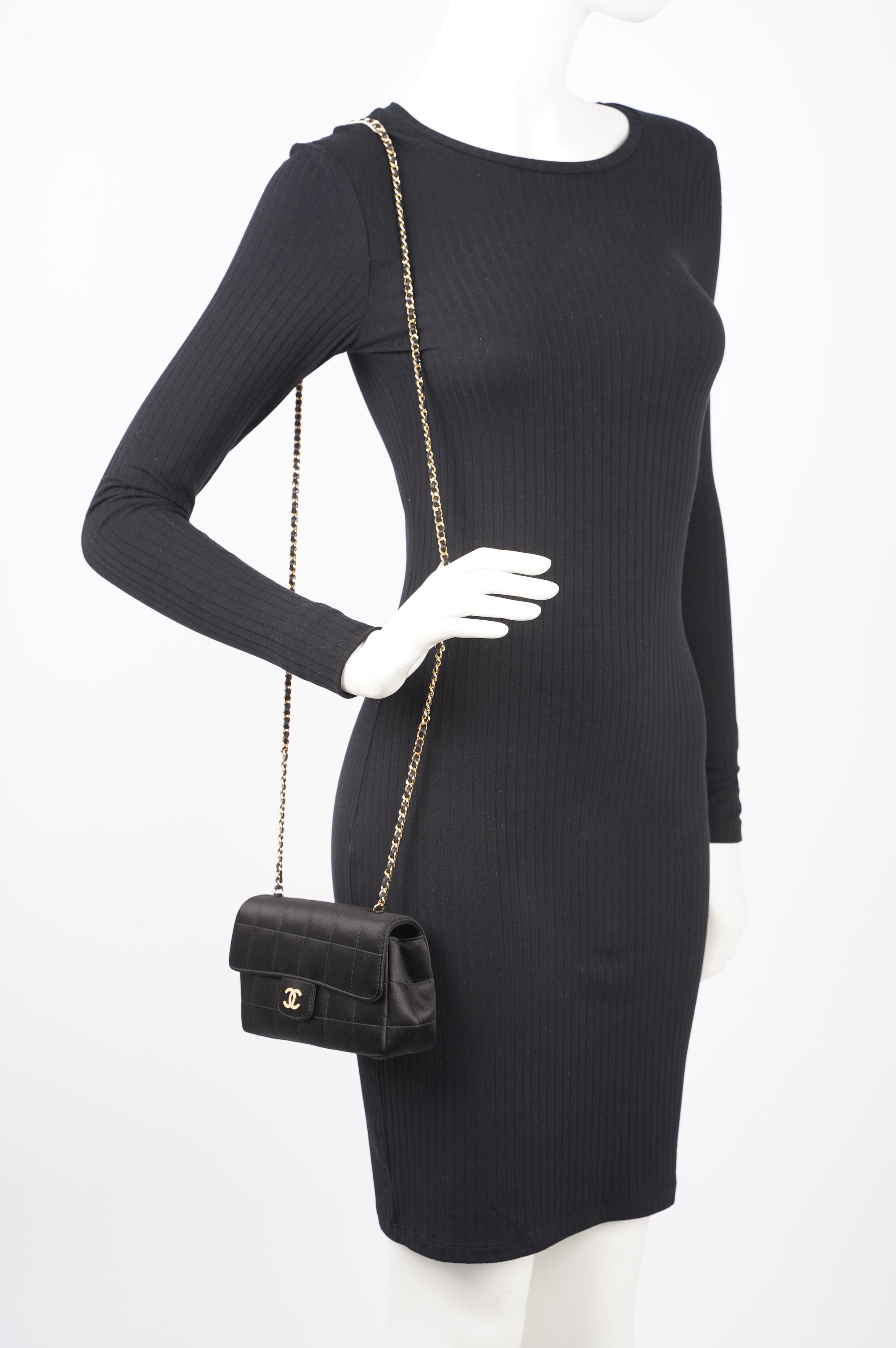 Chanel Womens Vintage Camellia Satin Classic Flap Black Mini