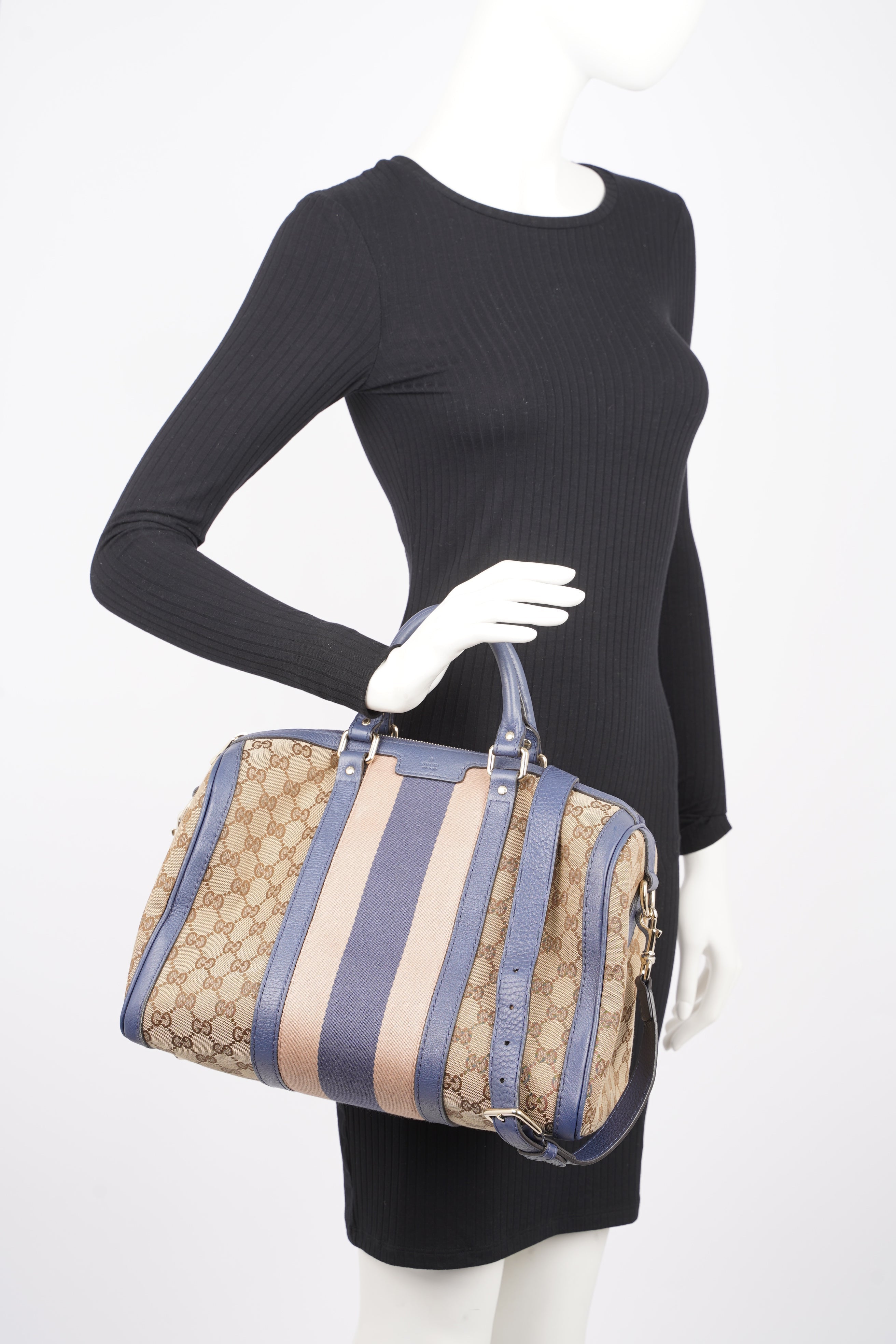 Gucci Womens Vintage Web Boston Bag Beige Blue Nude Medium