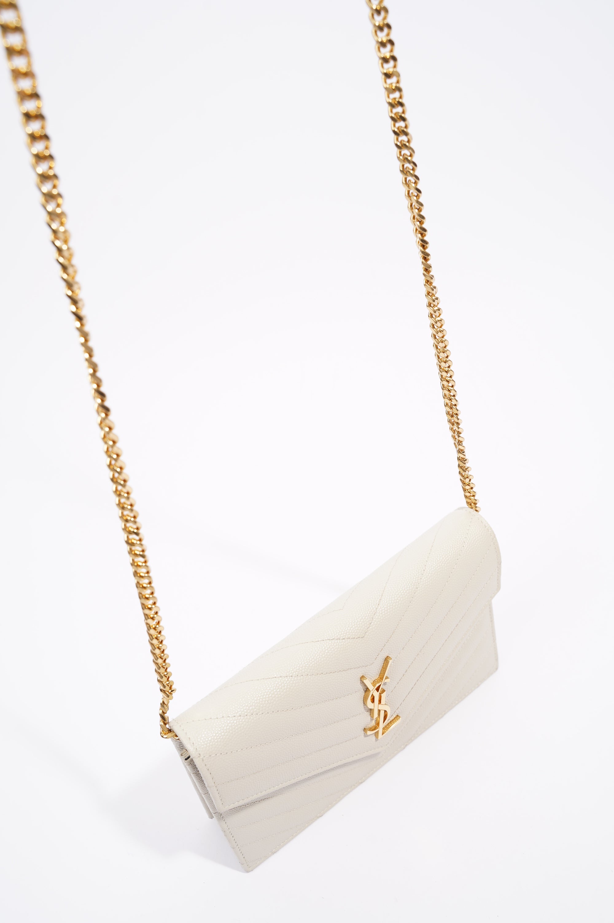 Saint Laurent Womens Chain Wallet White / Gold