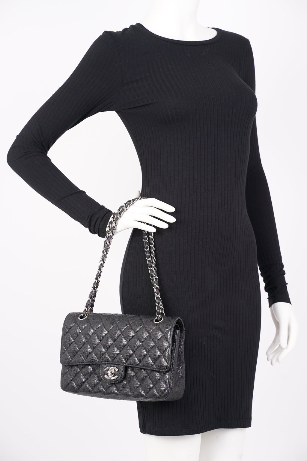 Chanel Double Classic Flap Bag Black Caviar Leather Medium