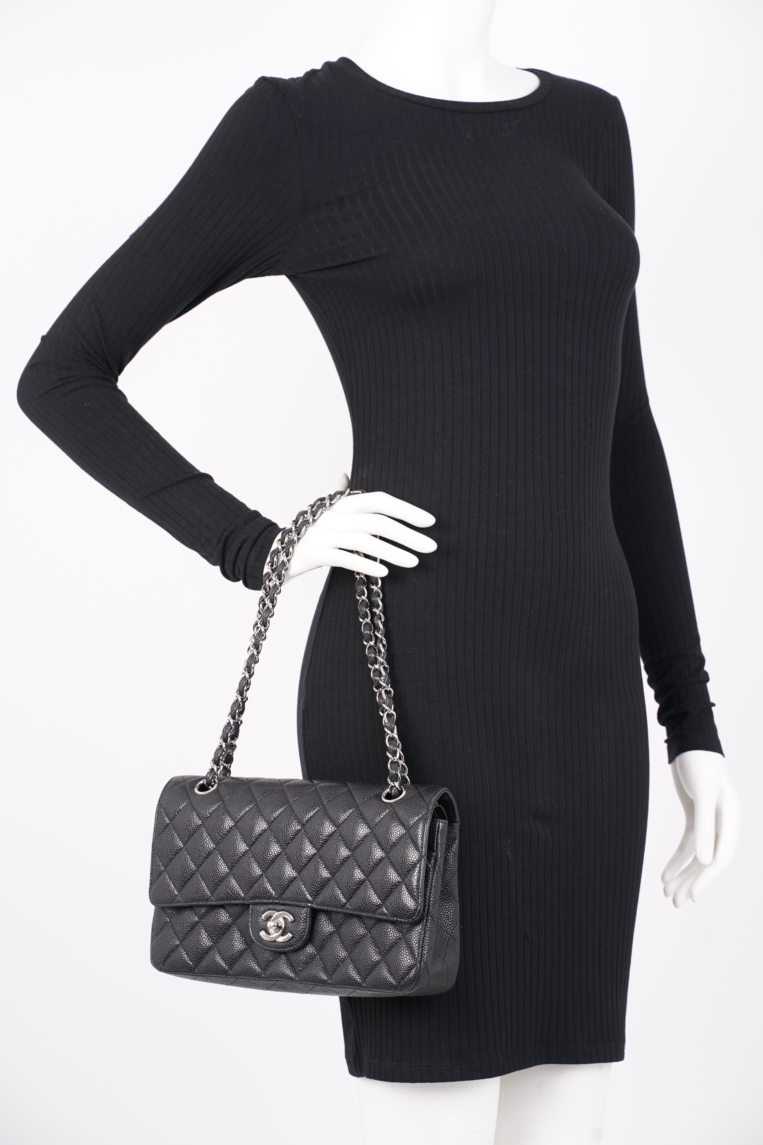 Chanel Double Classic Flap Bag Black Caviar Leather Medium
