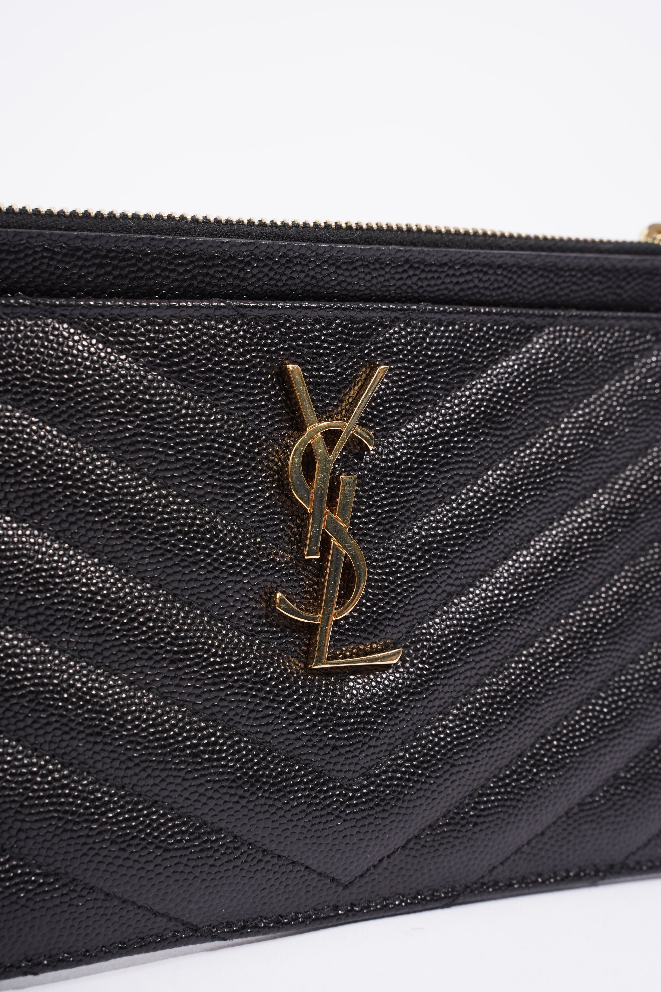 Saint Laurent Womens Cassandre Zipped Pouch Graine De Poudre Black Leather