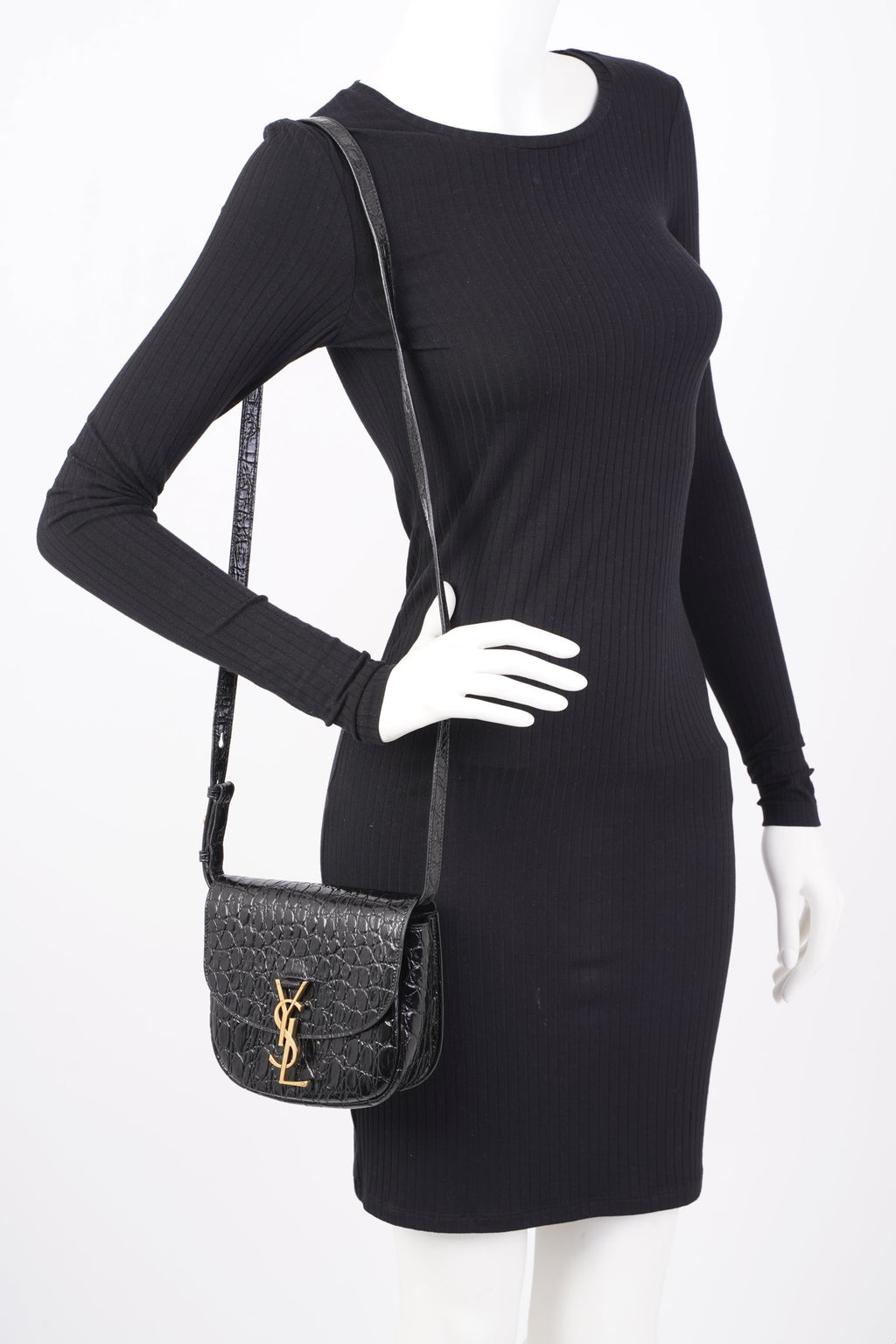 Saint Laurent Womens Kaia Small Satchel Black Croc Embossed