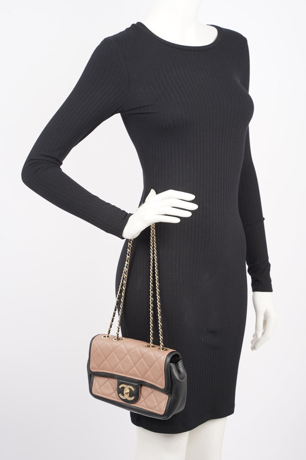 Chanel Womens Lambskin Quilted Two Tone Bag Nude / Black Small