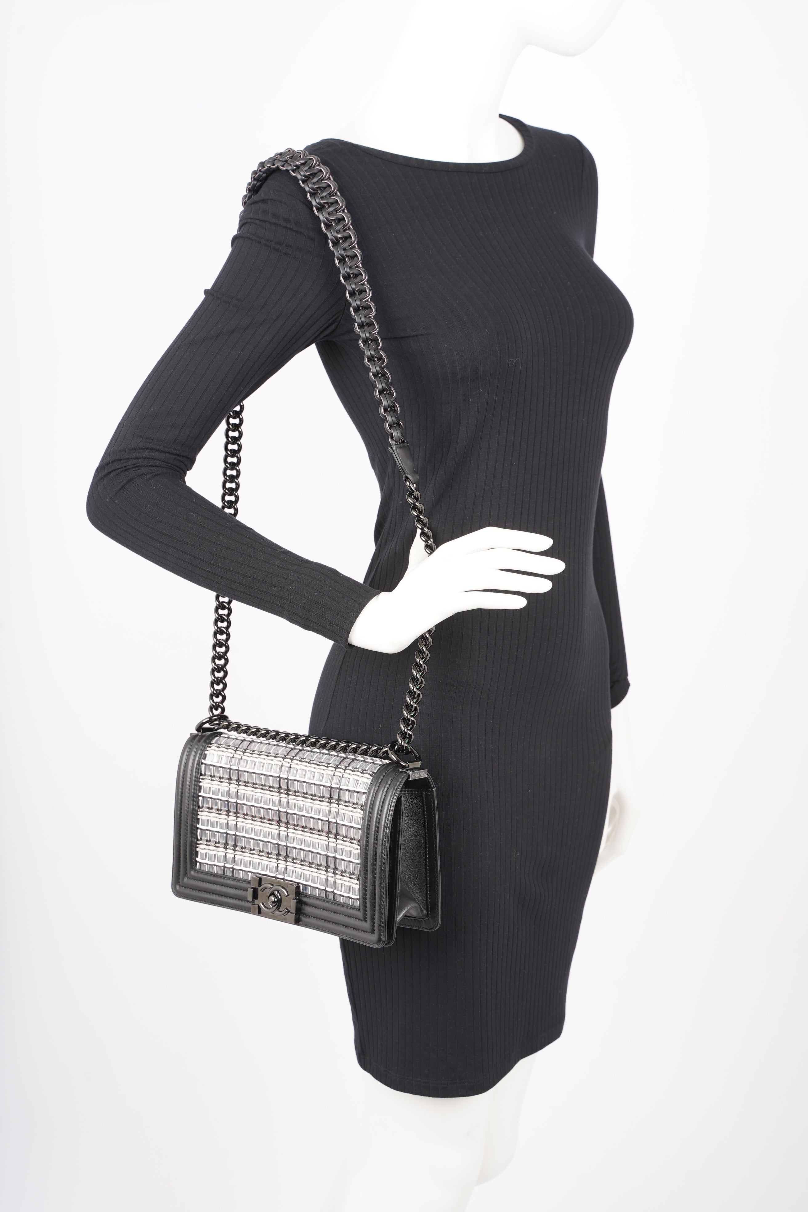 Chanel Womens Boy Bag Black Grey Medium