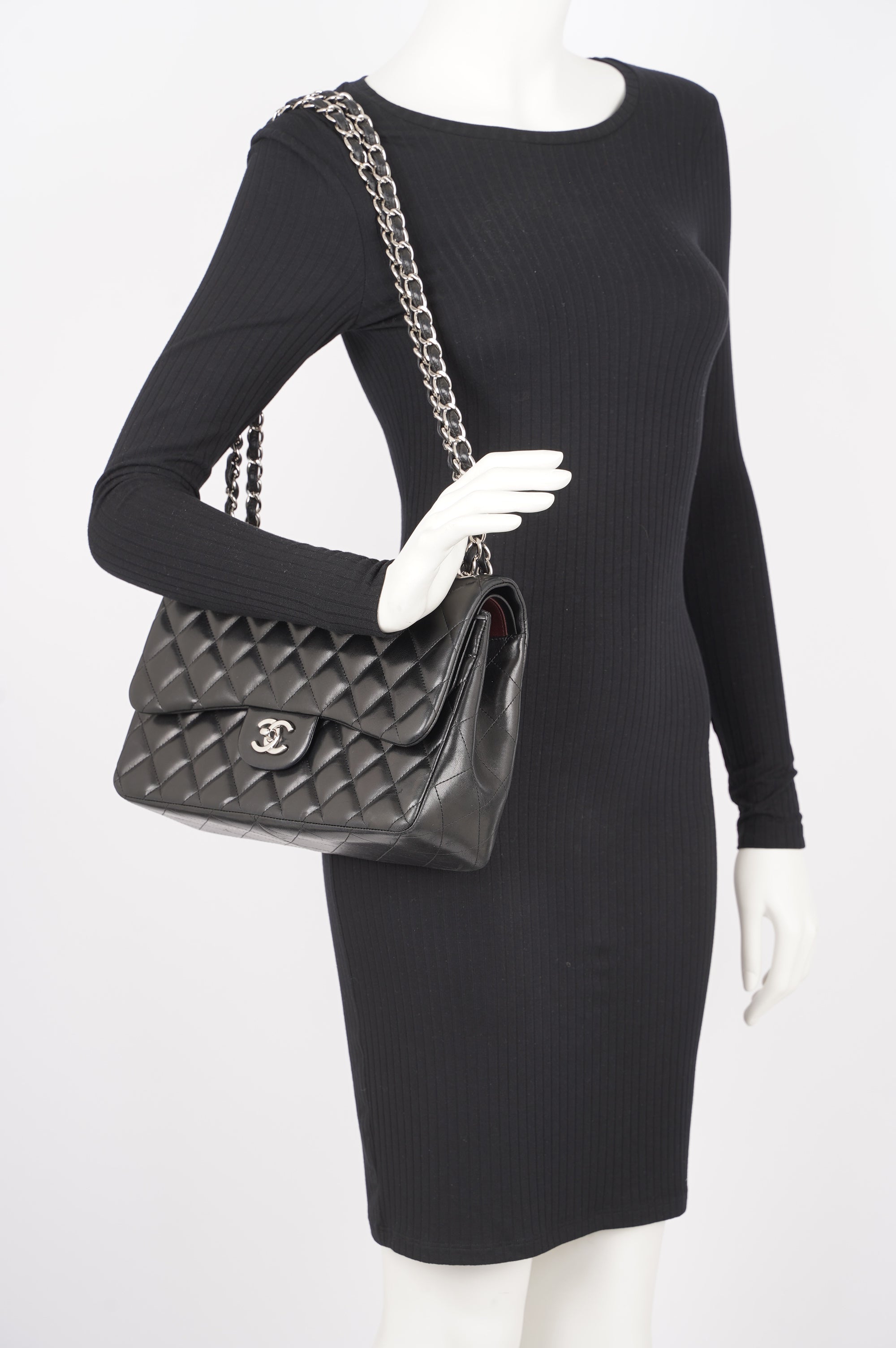 Chanel Double Flap Bag Black Lambskin Leather Large