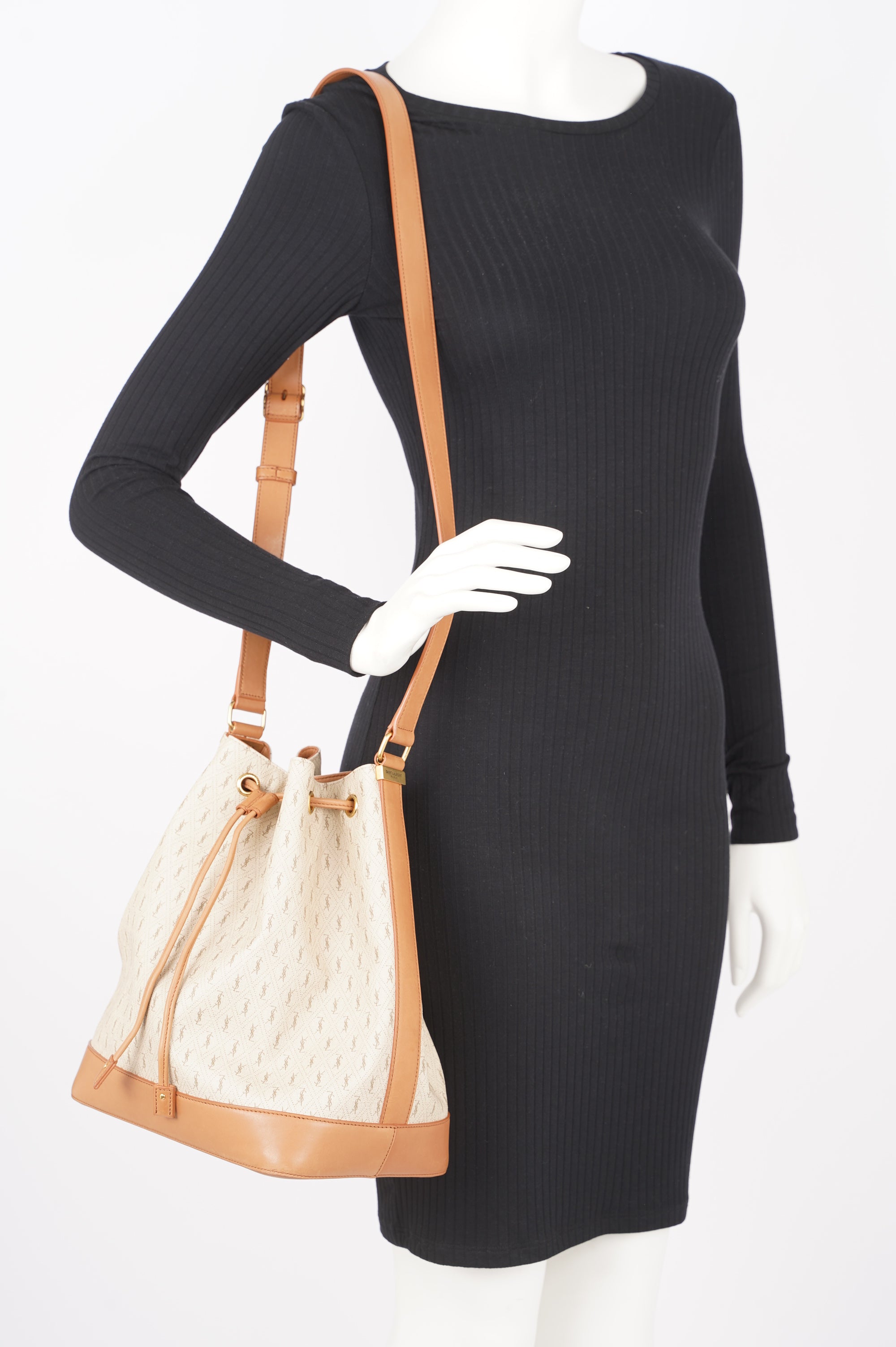 Saint Laurent Womens Bucket Bag Beige / Brown Canvas / Leather