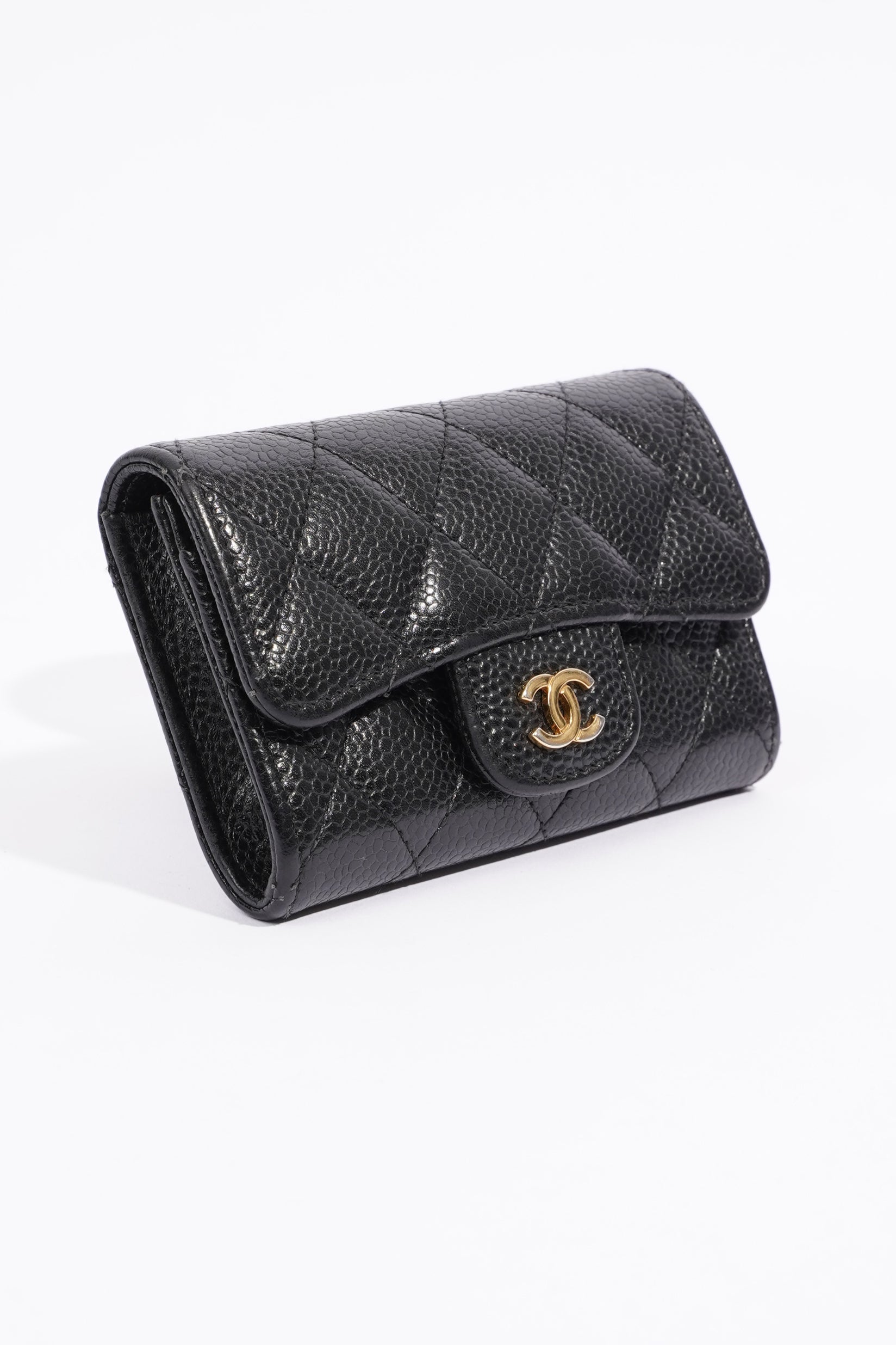 Chanel Womens Card Holder Caviar Black Leather