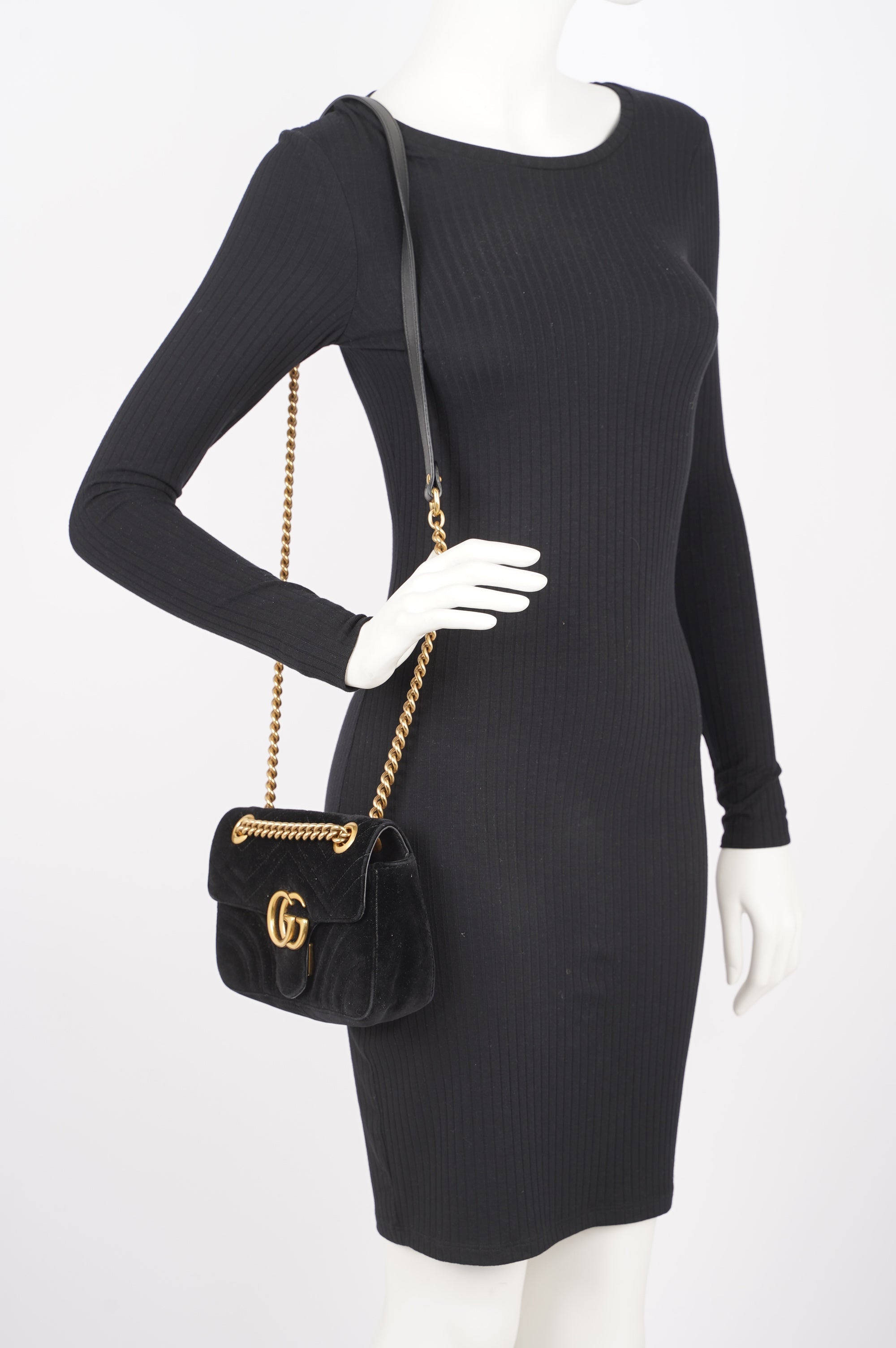 Gucci Womens Marmont Flap Bag Black Velvet Mini