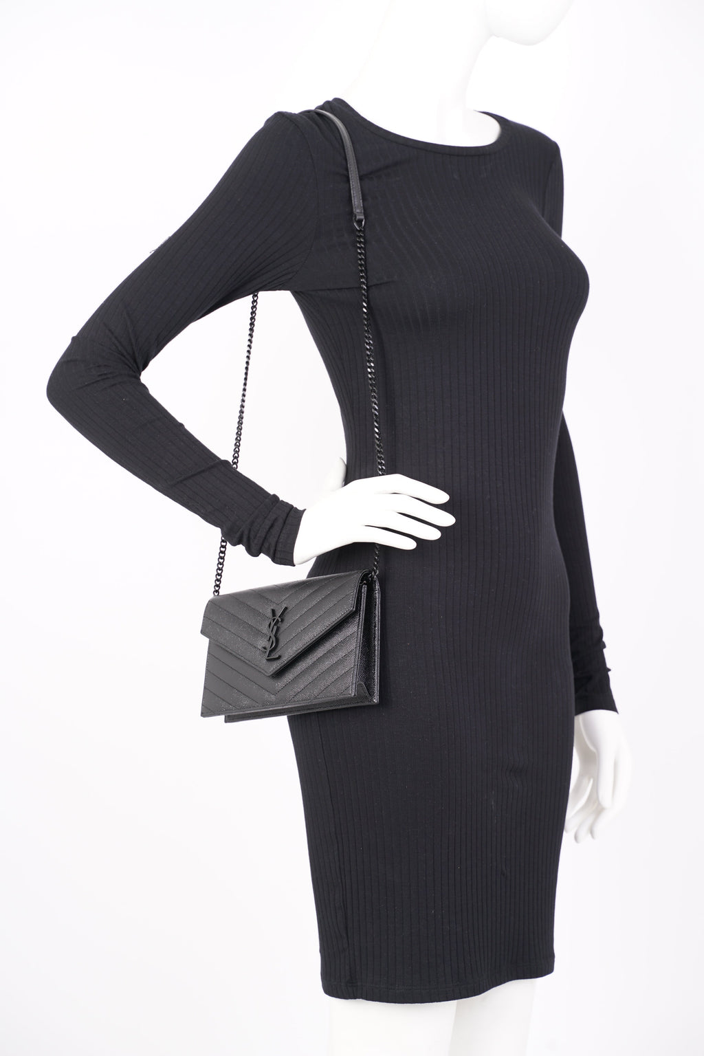 Saint Laurent Womens Cassandre Envelope Chain Bag Black Leather