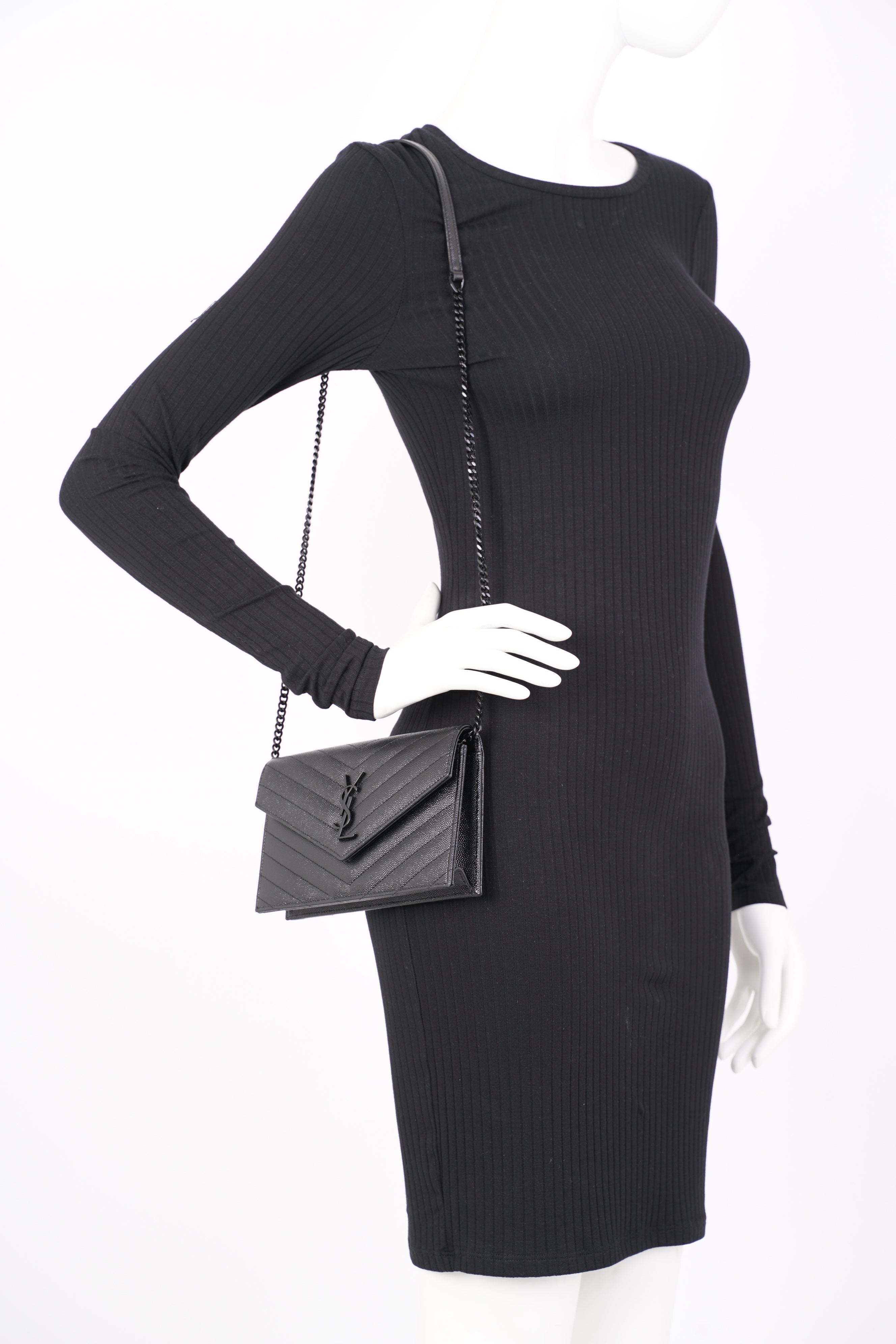Saint Laurent Womens Cassandre Envelope Chain Bag Black Leather