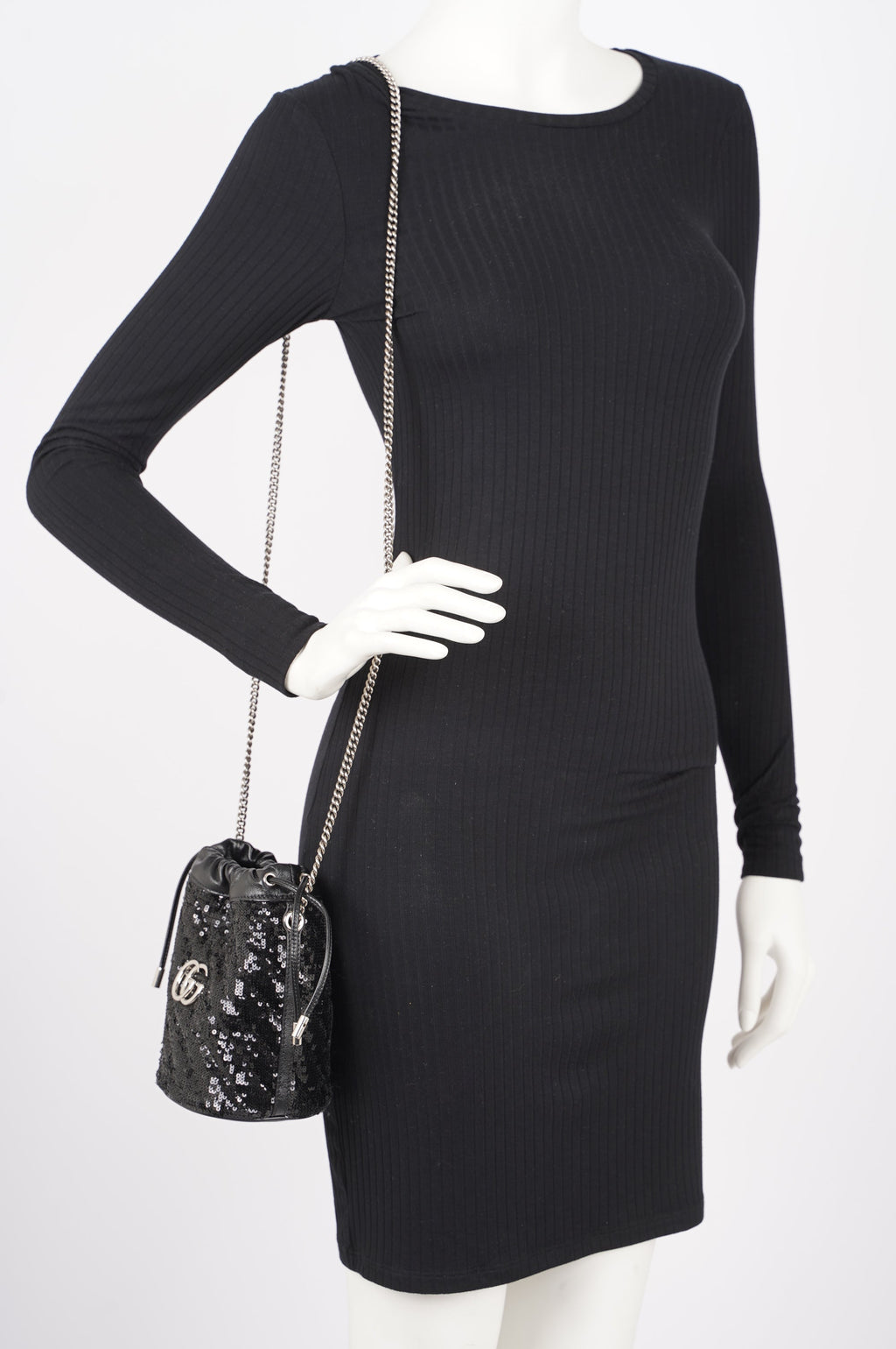 Gucci Womens GG Marmont Bucket Bag Black Leather / Sequin Mini