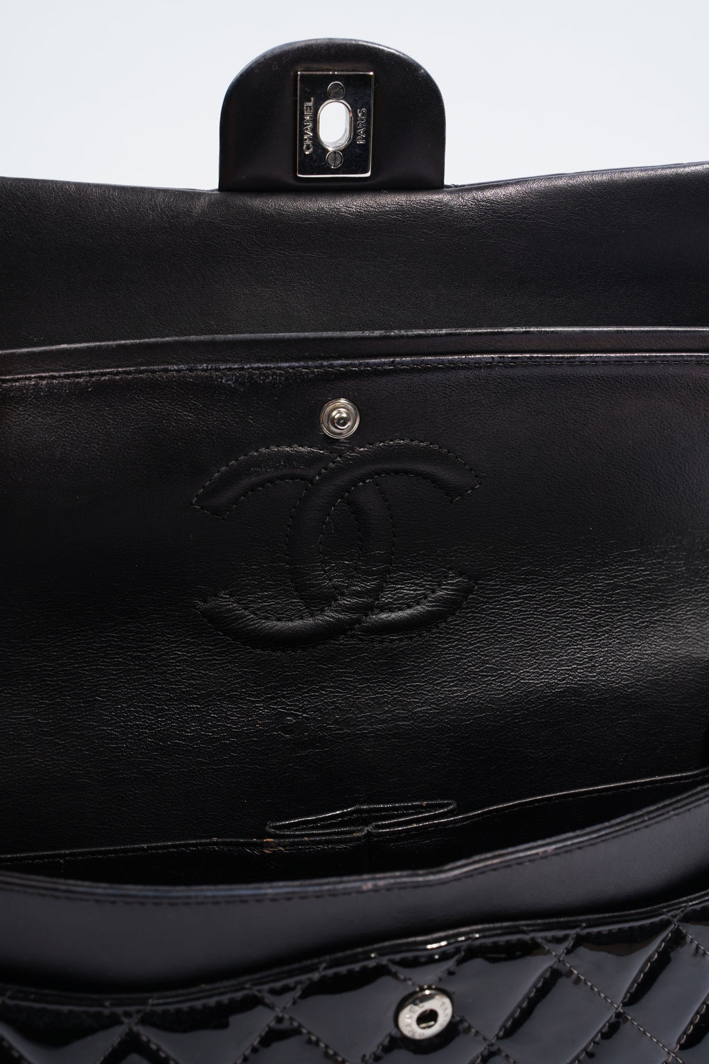 Chanel Double Flap Bag Black Patent Leather Medium