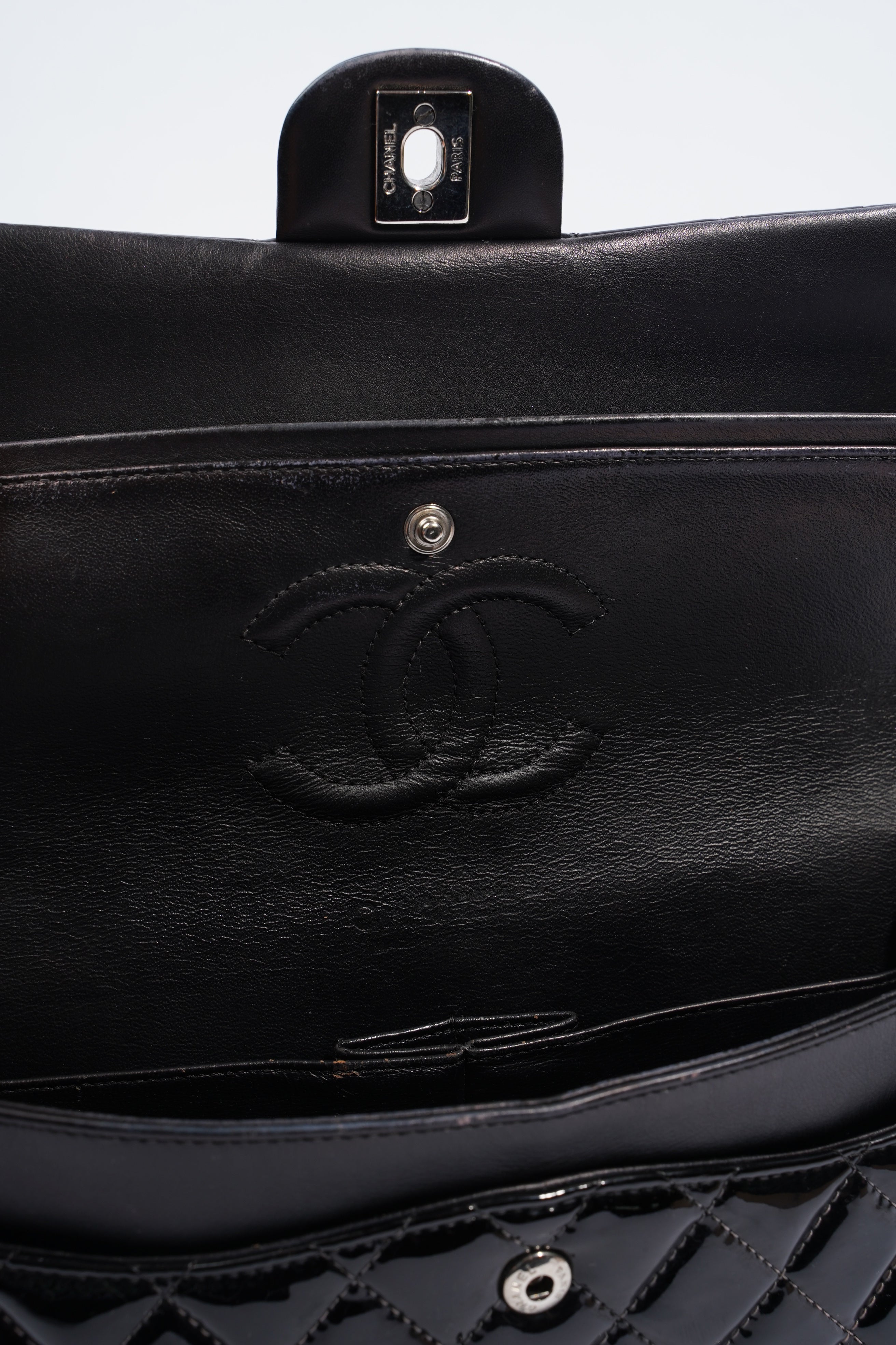 Chanel Double Flap Bag Black Patent Leather Medium