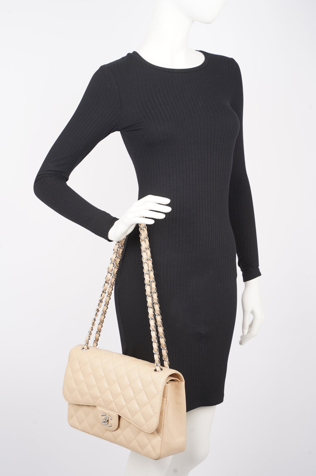 Chanel Womens Classic Flap Beige Caviar Large