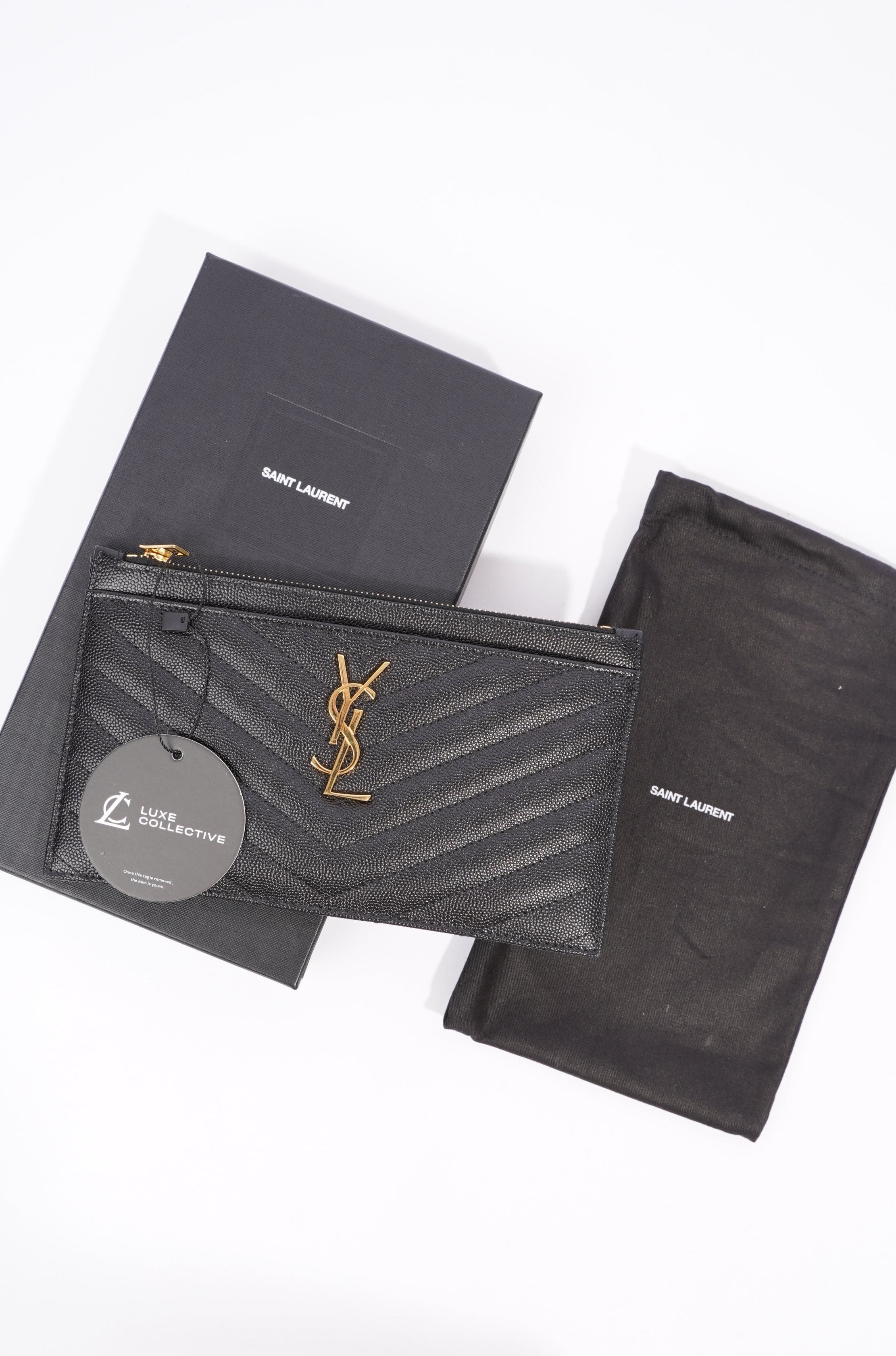 Saint Laurent Womens Cassandre Zipped Pouch Graine De Poudre Black Leather