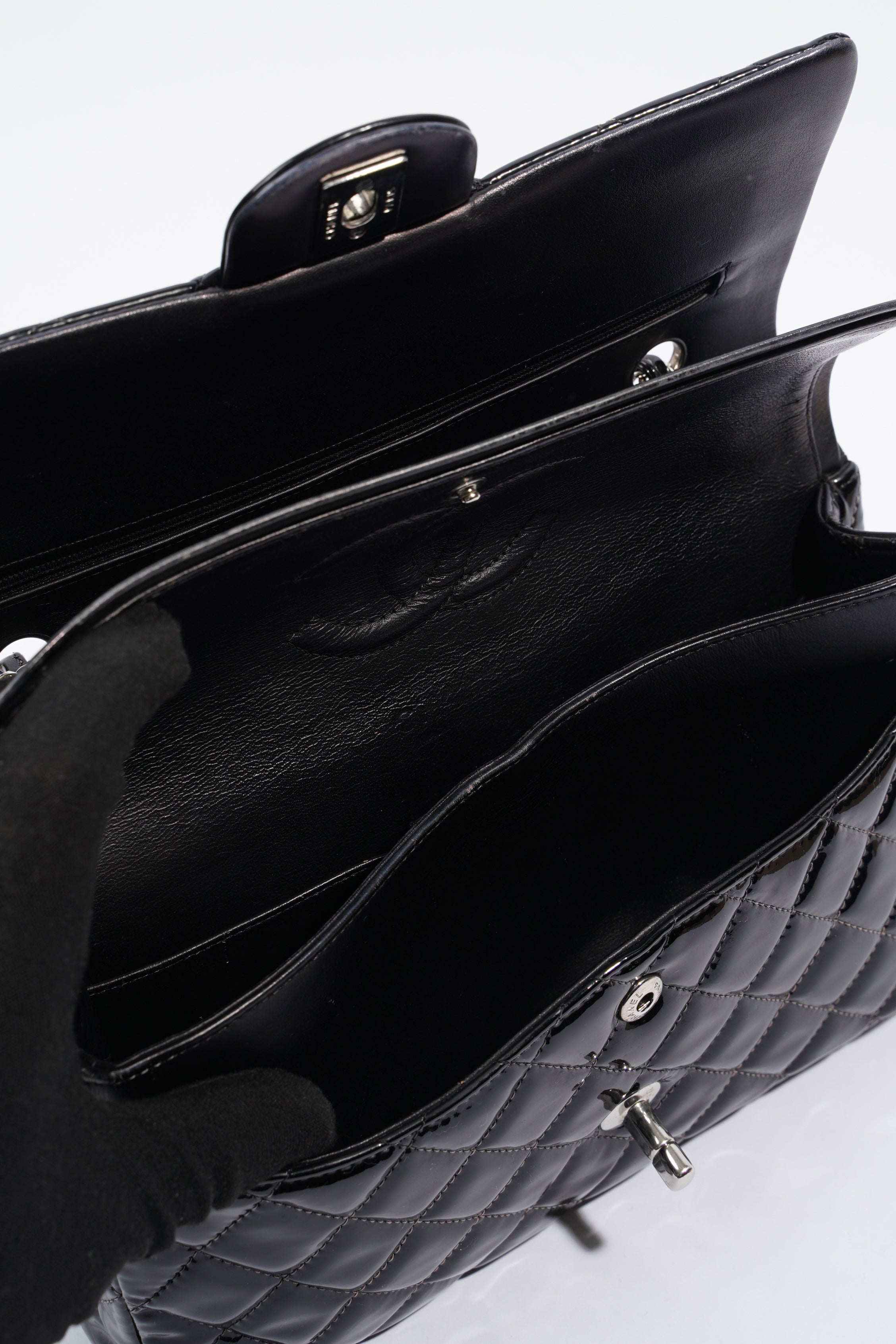 Chanel Double Flap Bag Black Patent Leather Medium