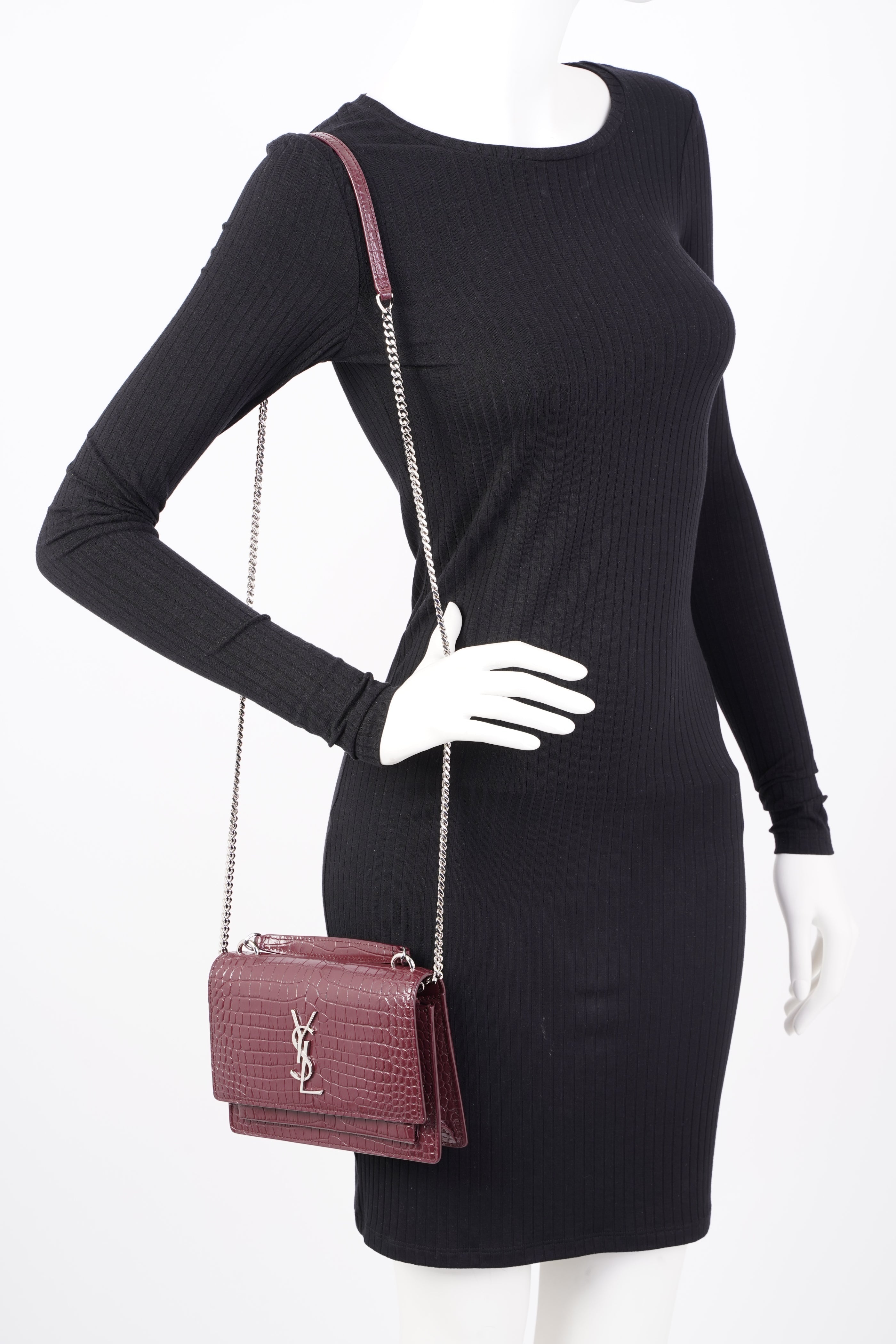Saint Laurent Sunset Chain Wallet Burgundy Croc