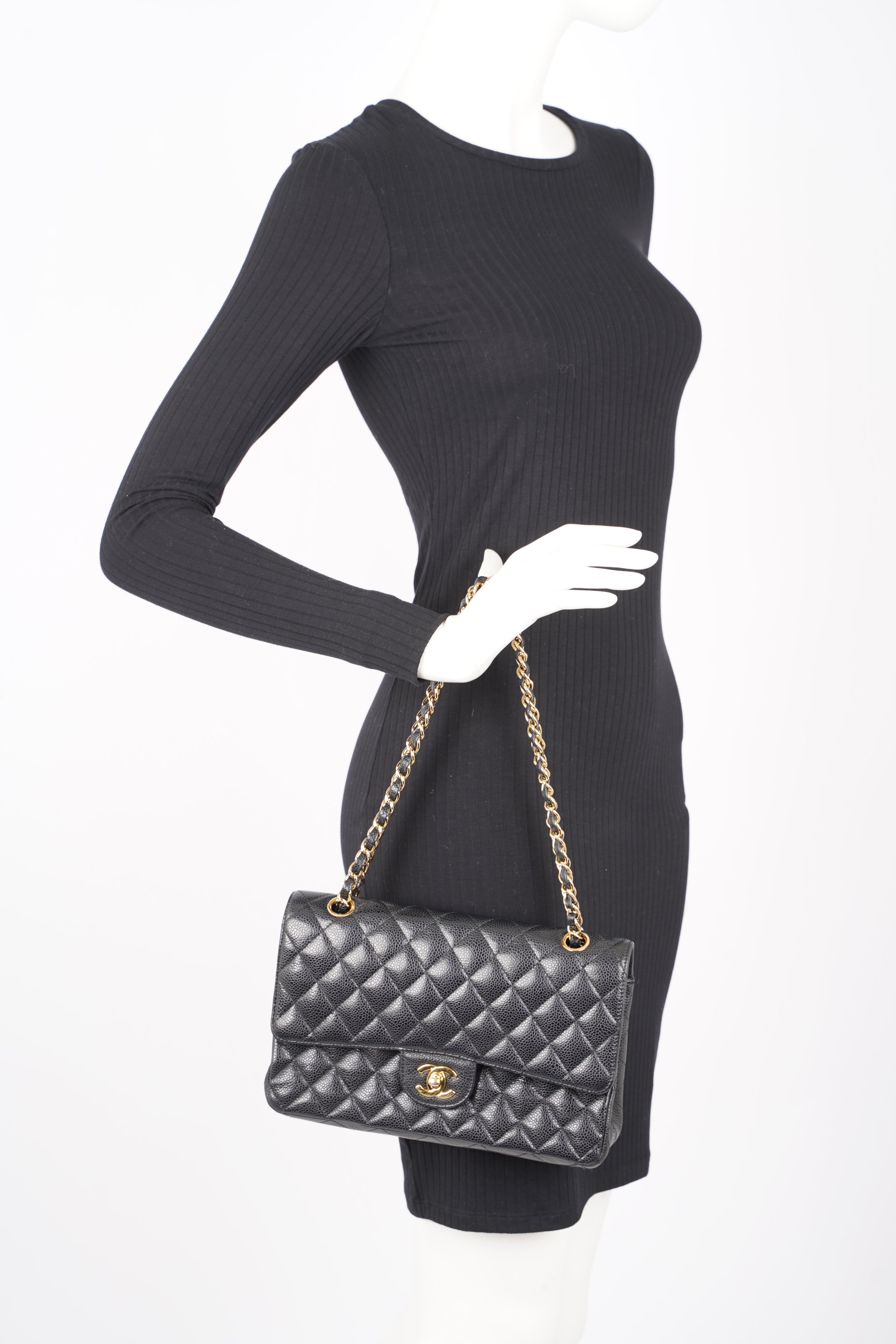 Chanel Womens Classic Flap Black Gold Medium