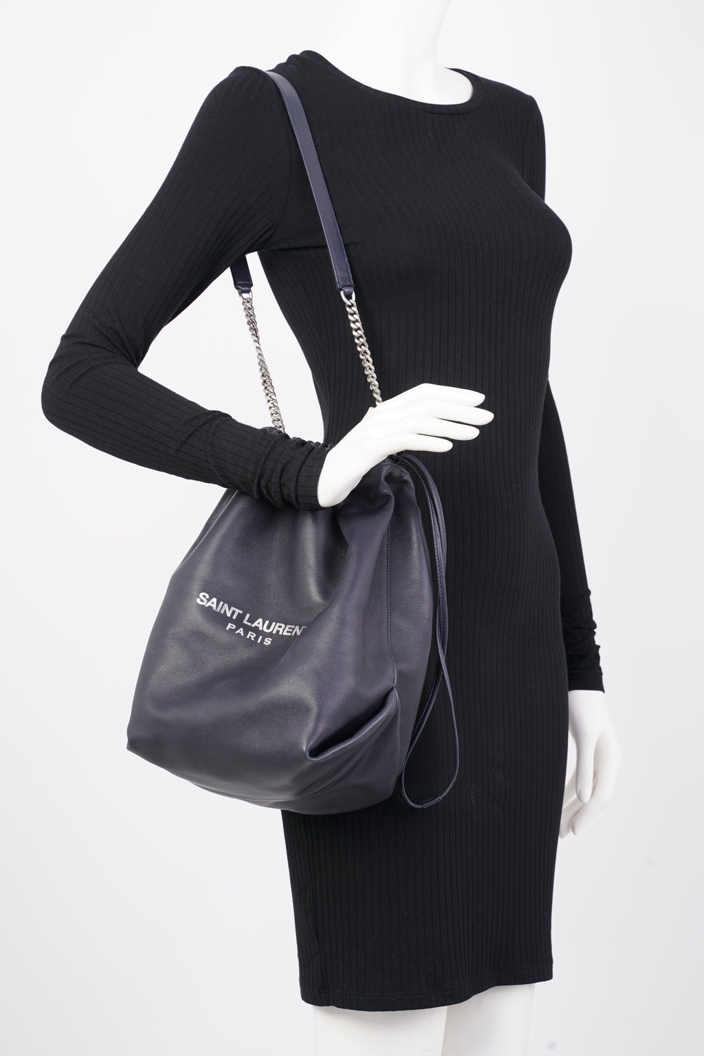 Saint Laurent Womens Teddy Bucket Bag Navy Leather