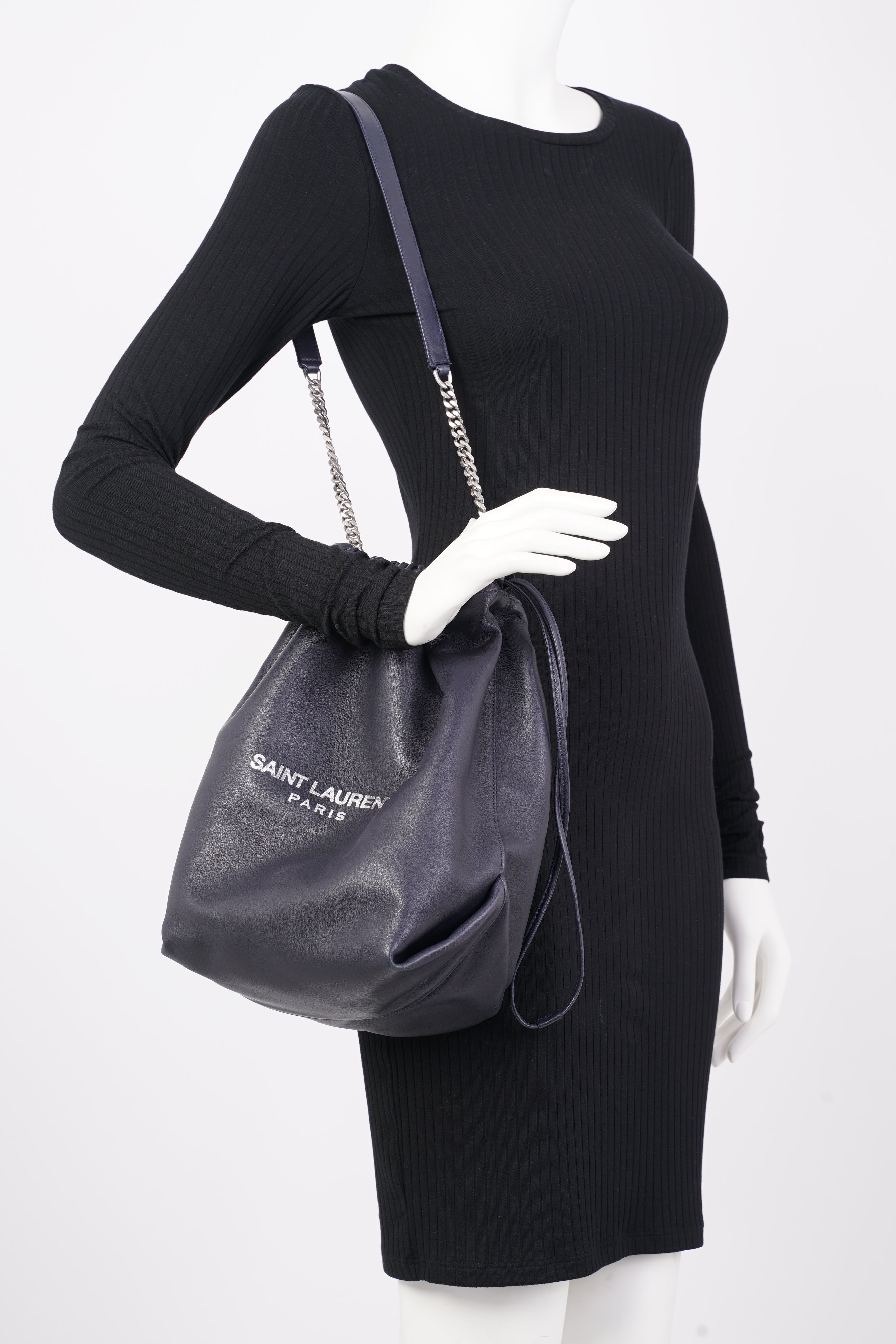 Saint Laurent Womens Teddy Bucket Bag Navy Leather