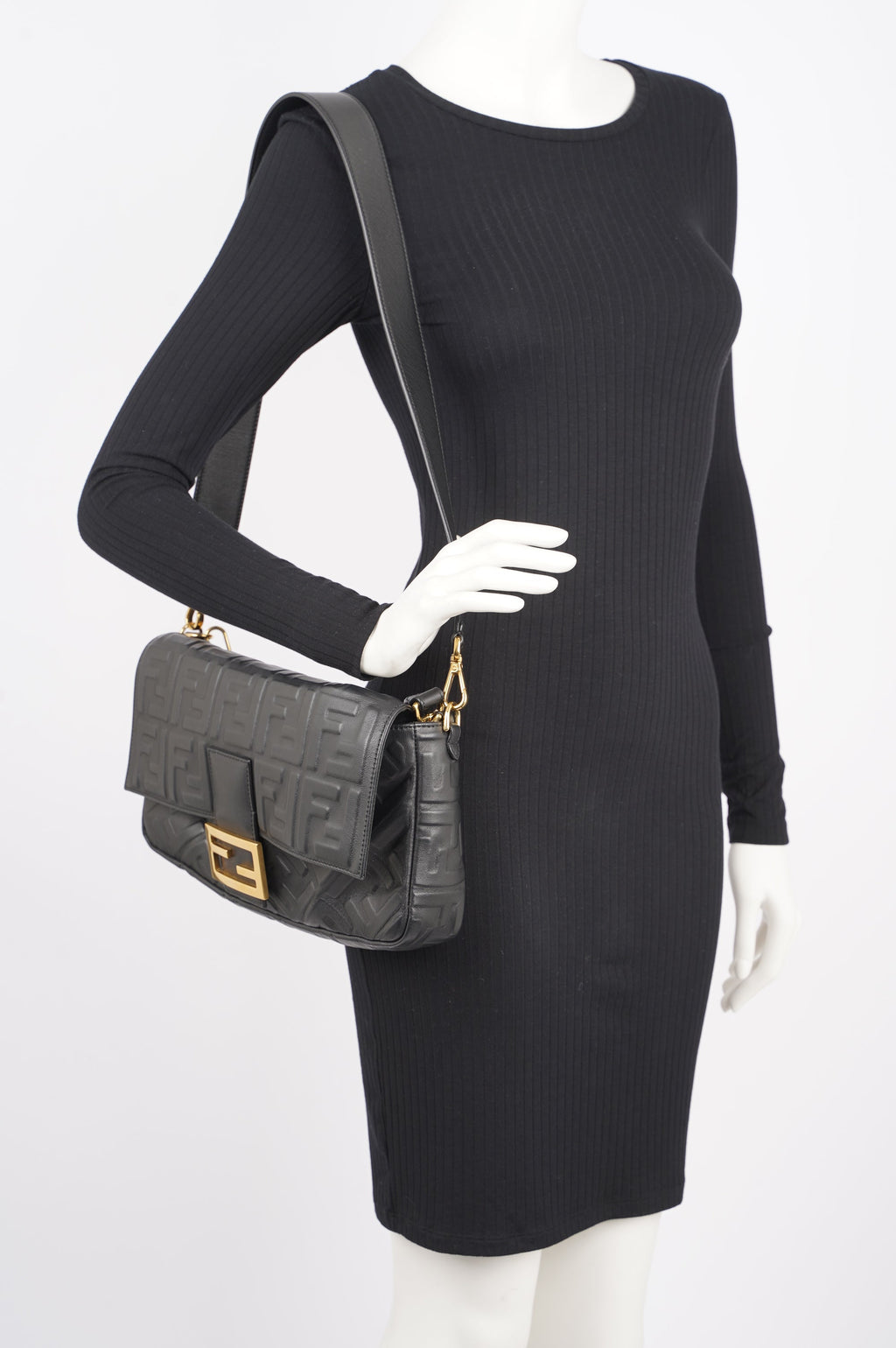 Fendi Womens Embossed F Baguette Black