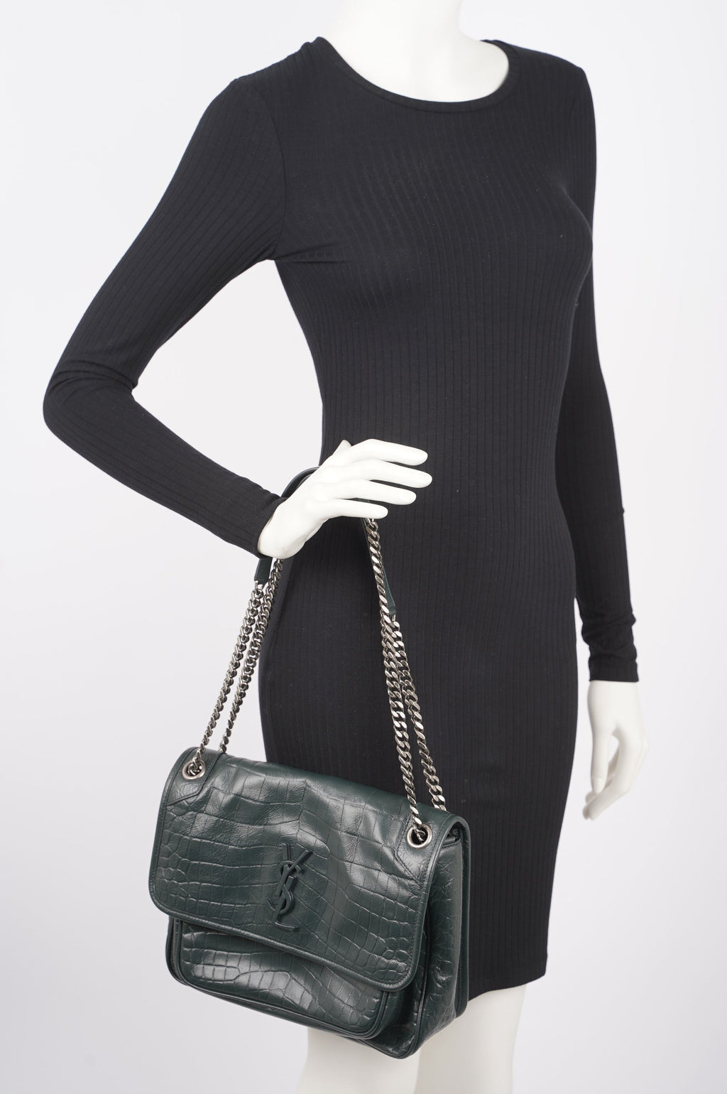 Saint Laurent Womens Niki Chain Bag Dark Green Croc Medium