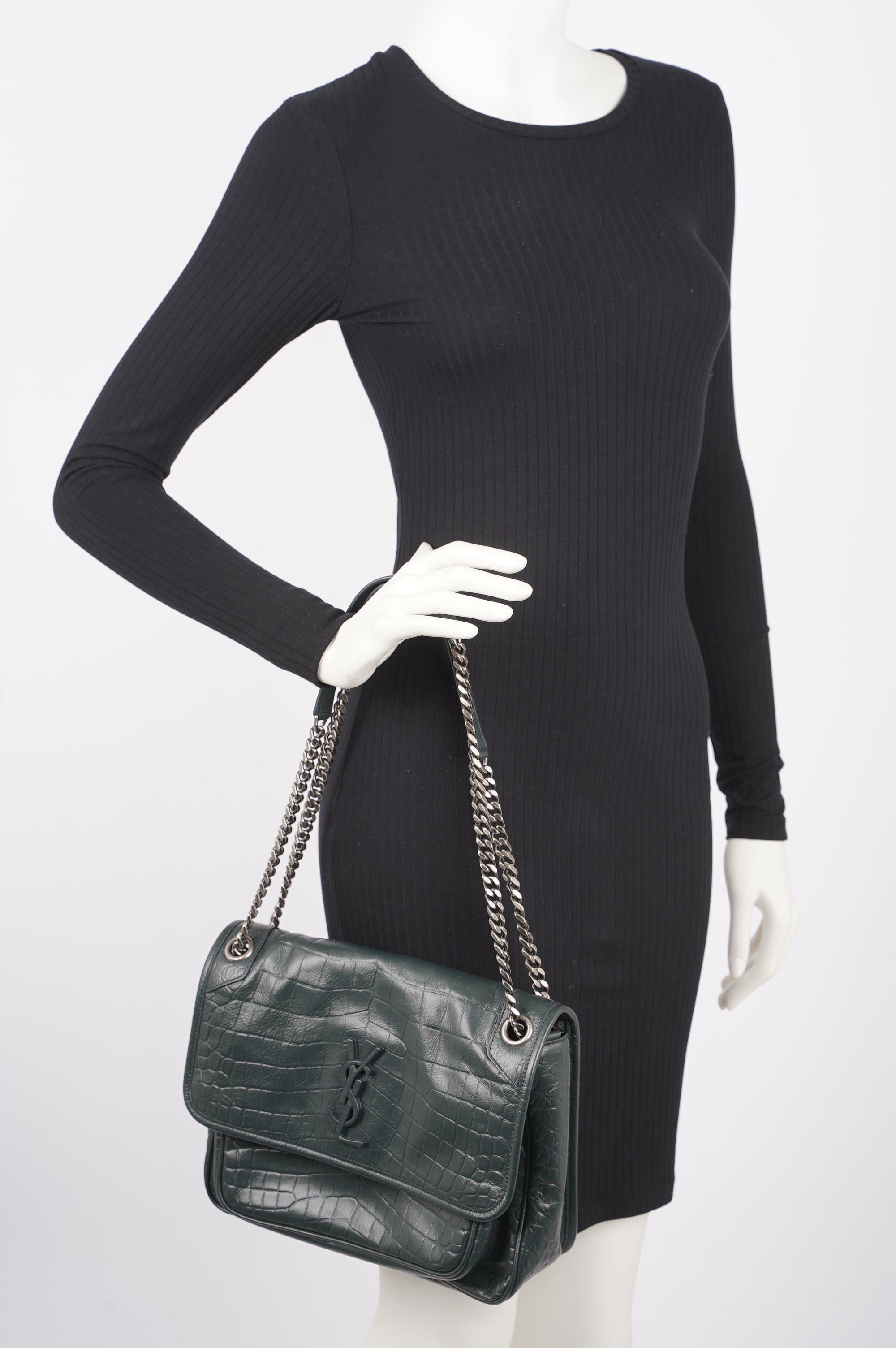 Saint Laurent Womens Niki Chain Bag Dark Green Croc Medium