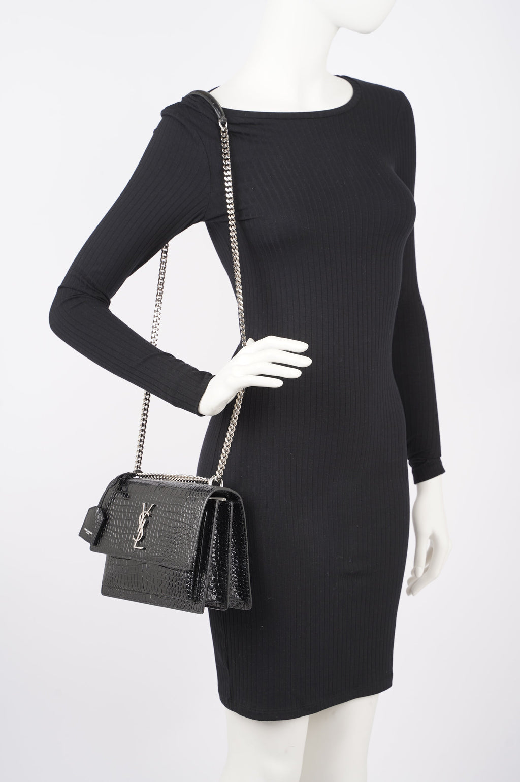 Saint Laurent Womens Sunset Bag Black Croc Medium